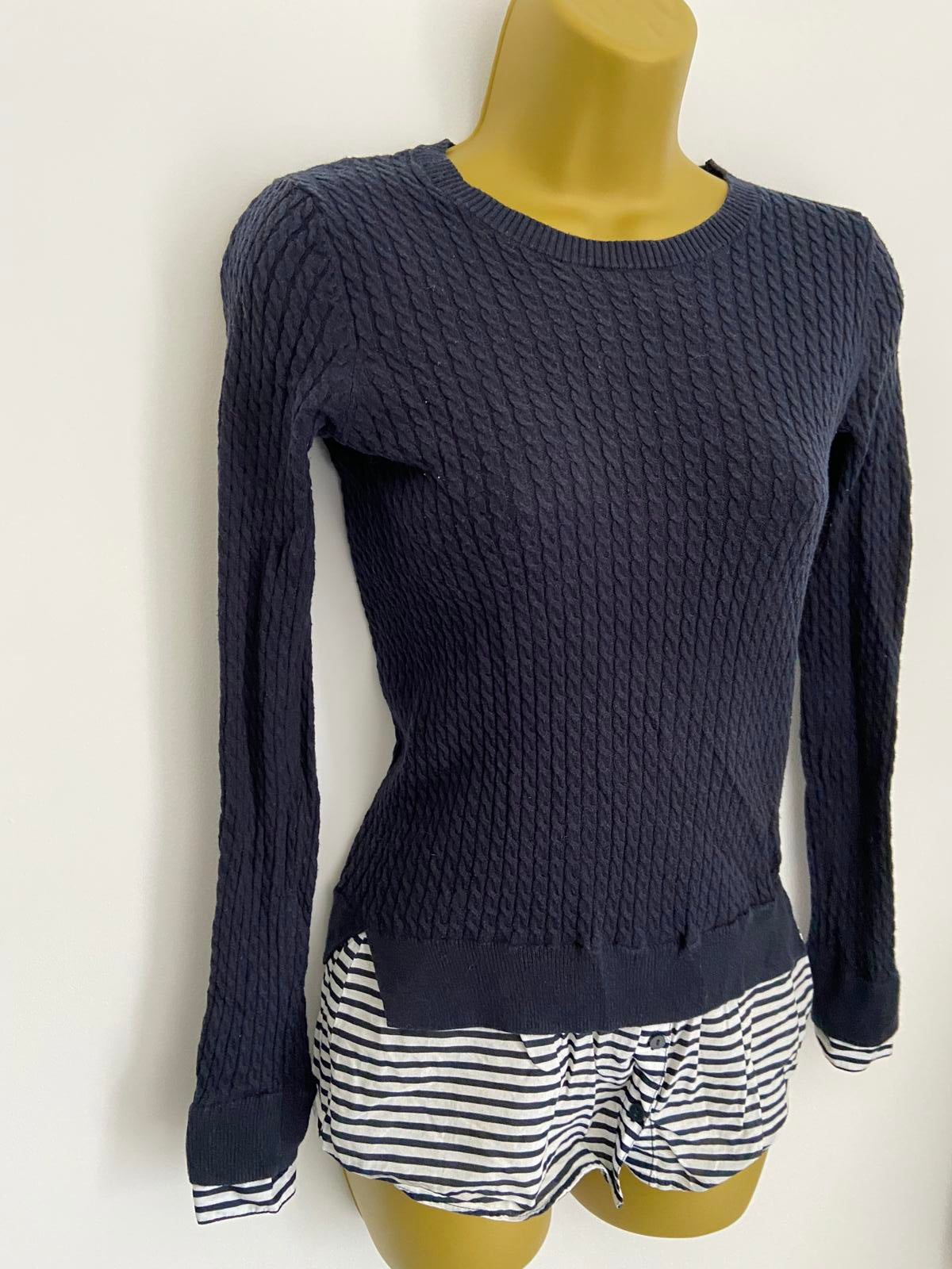Next Petite 2-in-1 Jumper & Shirt - Navy Aran Knit & Blue Stripe, Size 6