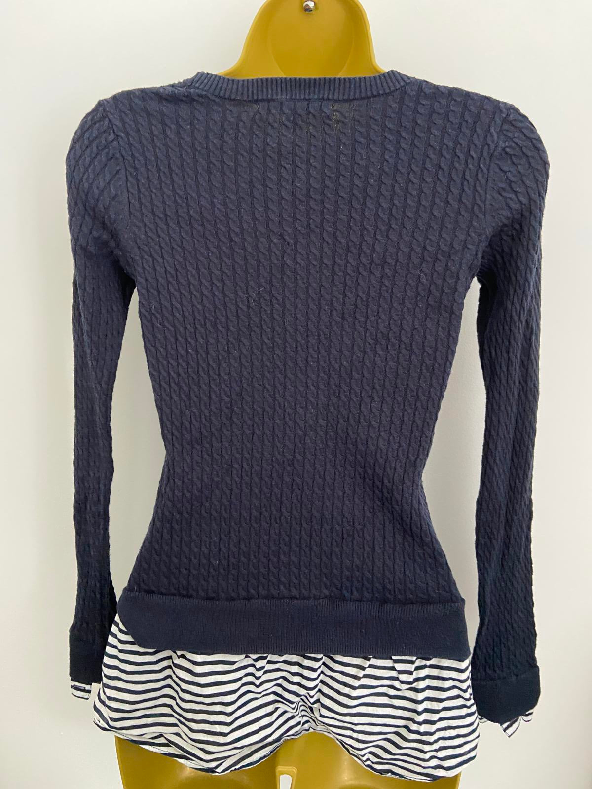 Next Petite 2-in-1 Jumper & Shirt - Navy Aran Knit & Blue Stripe, Size 6