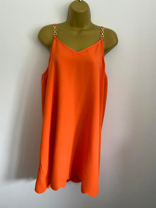 Orange V-Neck Camisole Dress Size Large Gold Chain Straps Scalloped Hem