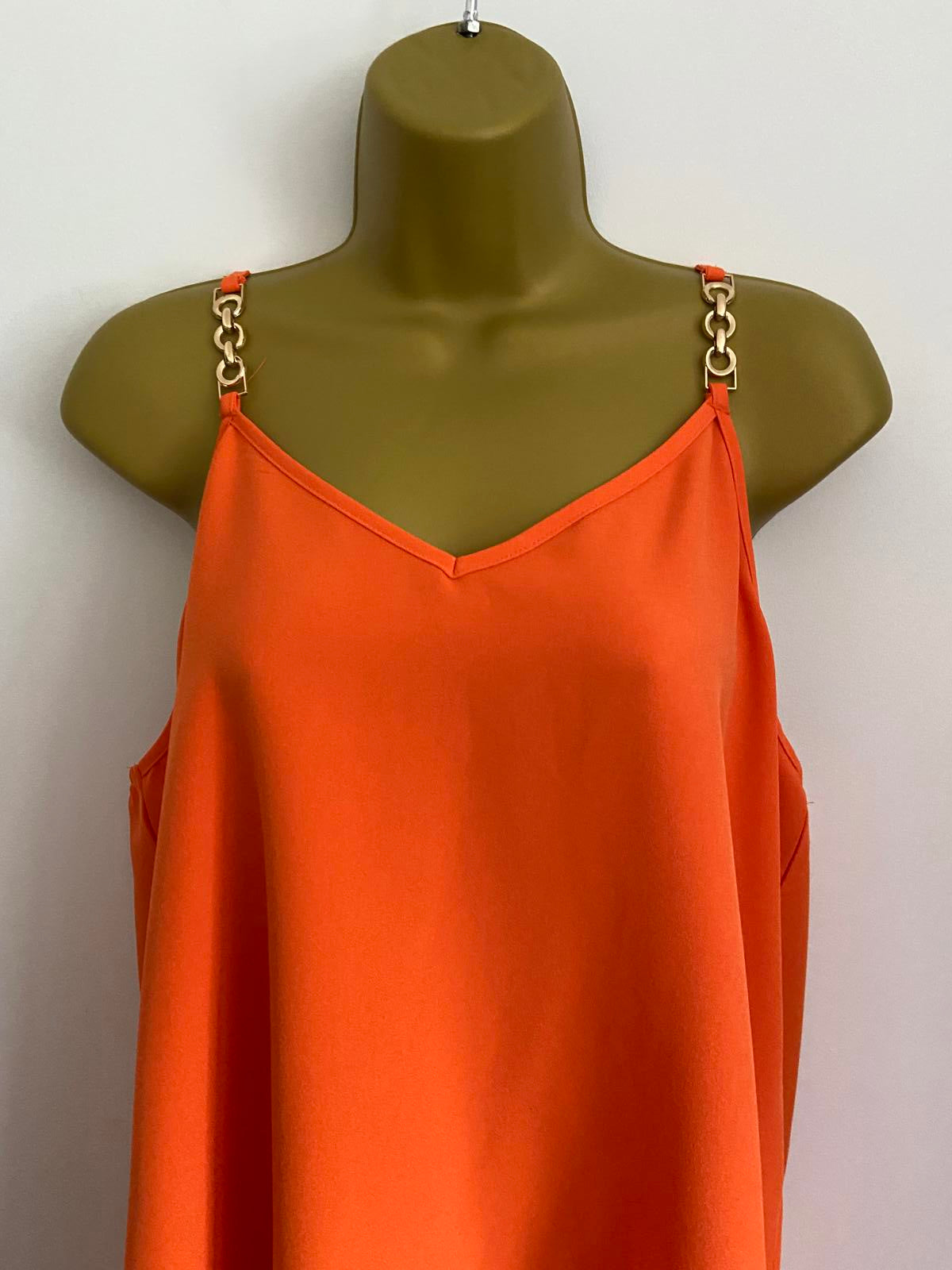 Orange V-Neck Camisole Dress Size Large Gold Chain Straps Scalloped Hem