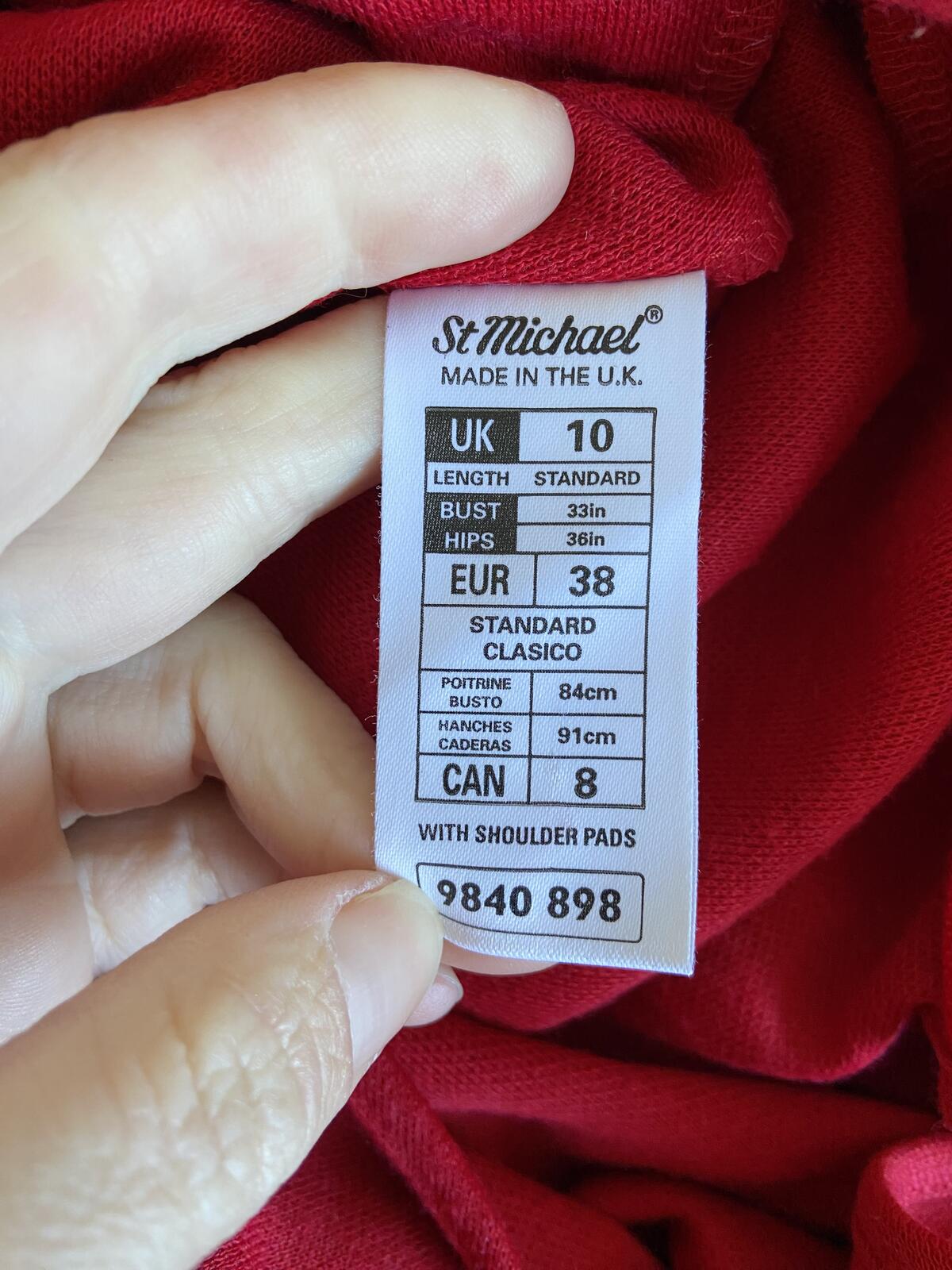 Vintage St Michael Red Long Sleeve Drop Pleated Dress Shoulder Pads Size 10