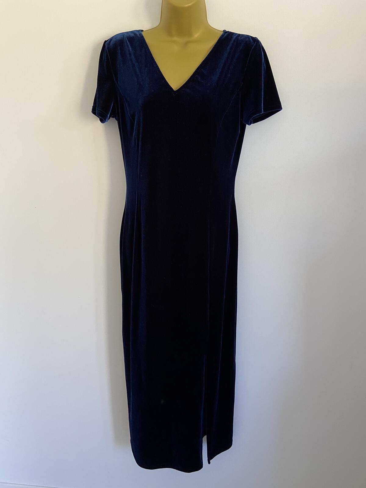 Vintage C&A Navy Blue Velvet V-Neck Maxi Dress with Front Split Size 12