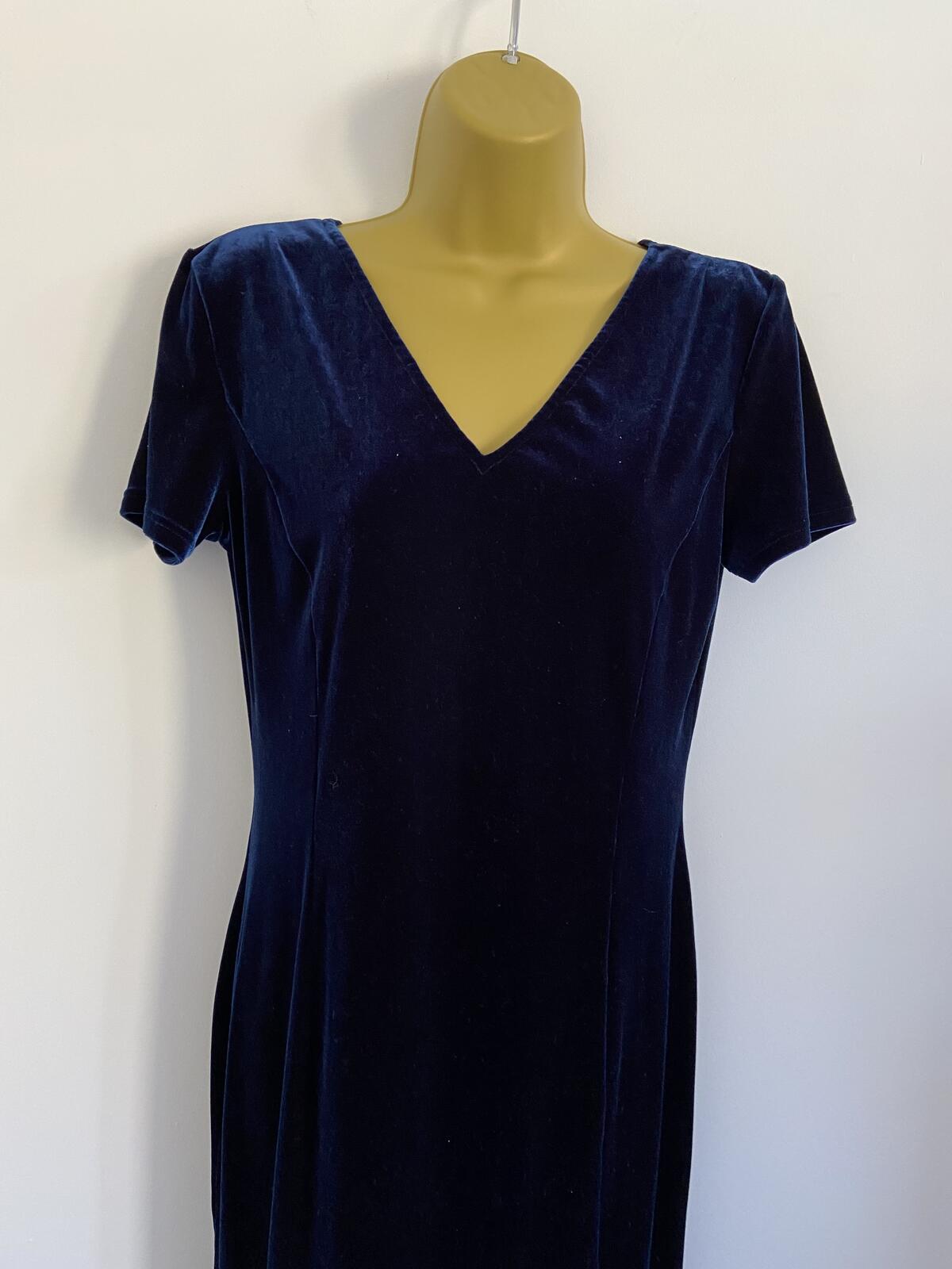 Vintage C&A Navy Blue Velvet V-Neck Maxi Dress with Front Split Size 12