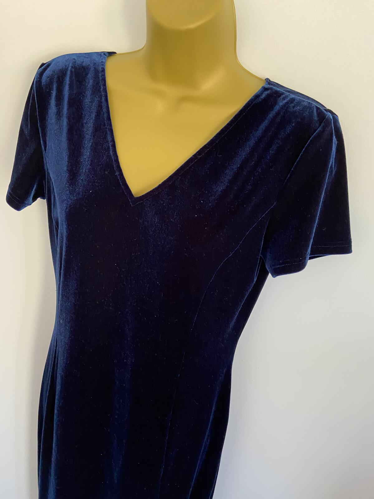 Vintage C&A Navy Blue Velvet V-Neck Maxi Dress with Front Split Size 12