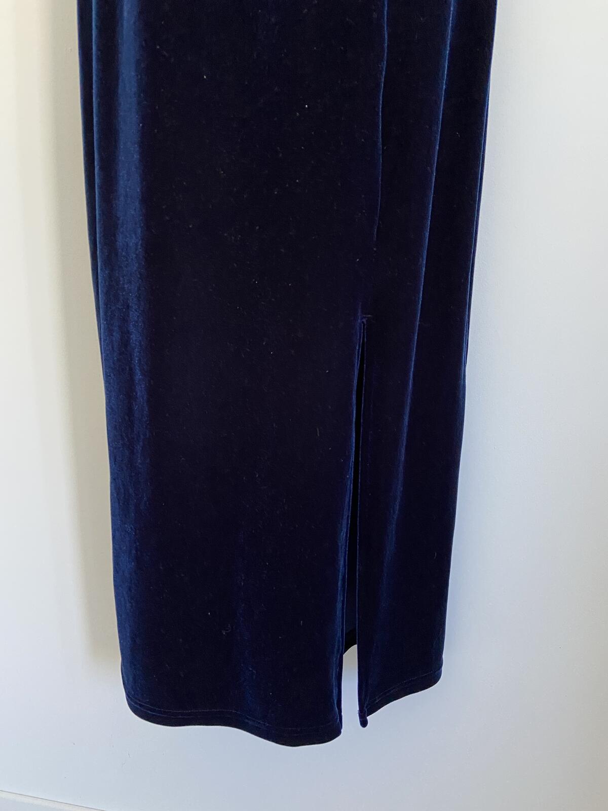 Vintage C&A Navy Blue Velvet V-Neck Maxi Dress with Front Split Size 12