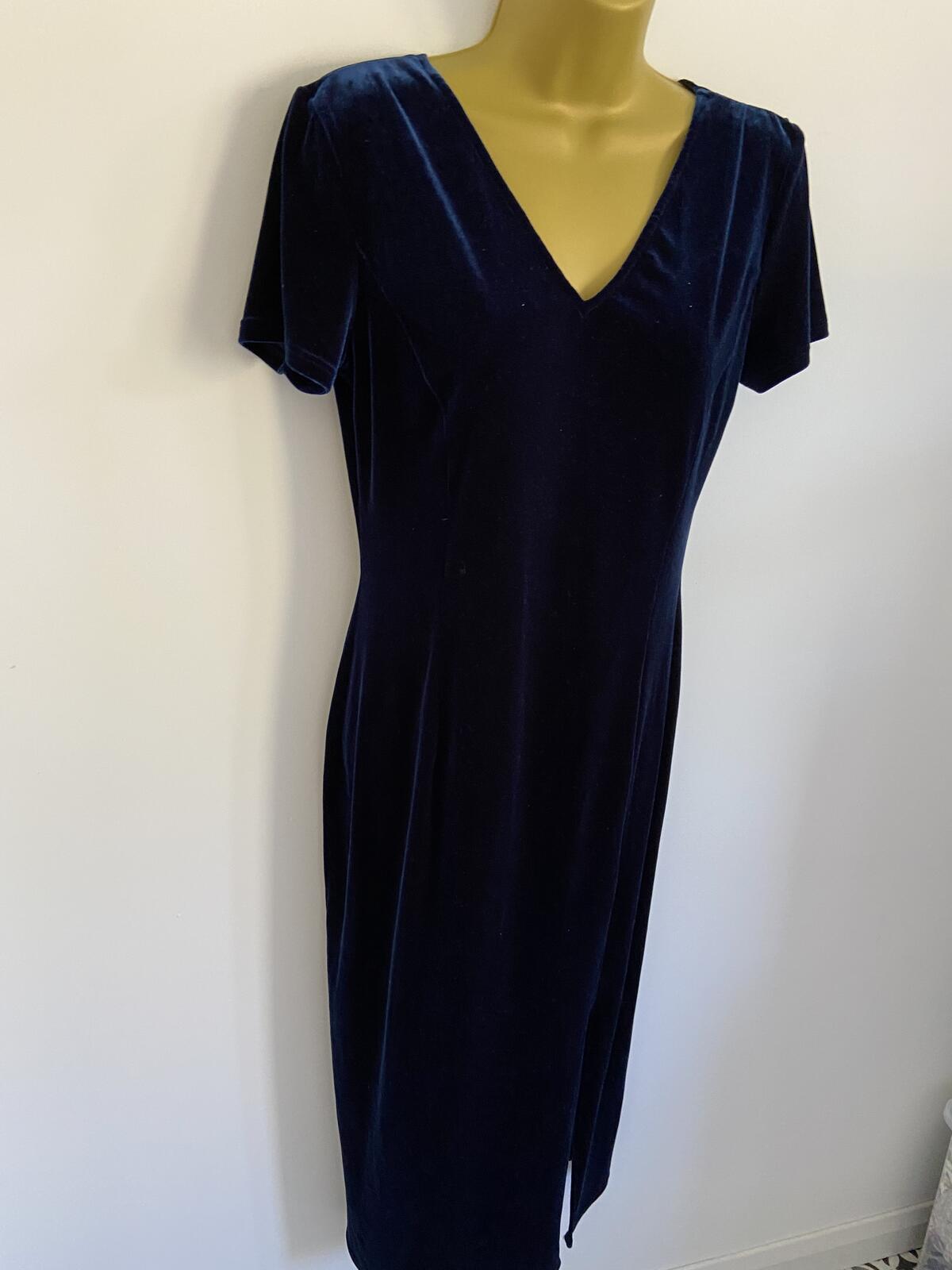 Vintage C&A Navy Blue Velvet V-Neck Maxi Dress with Front Split Size 12
