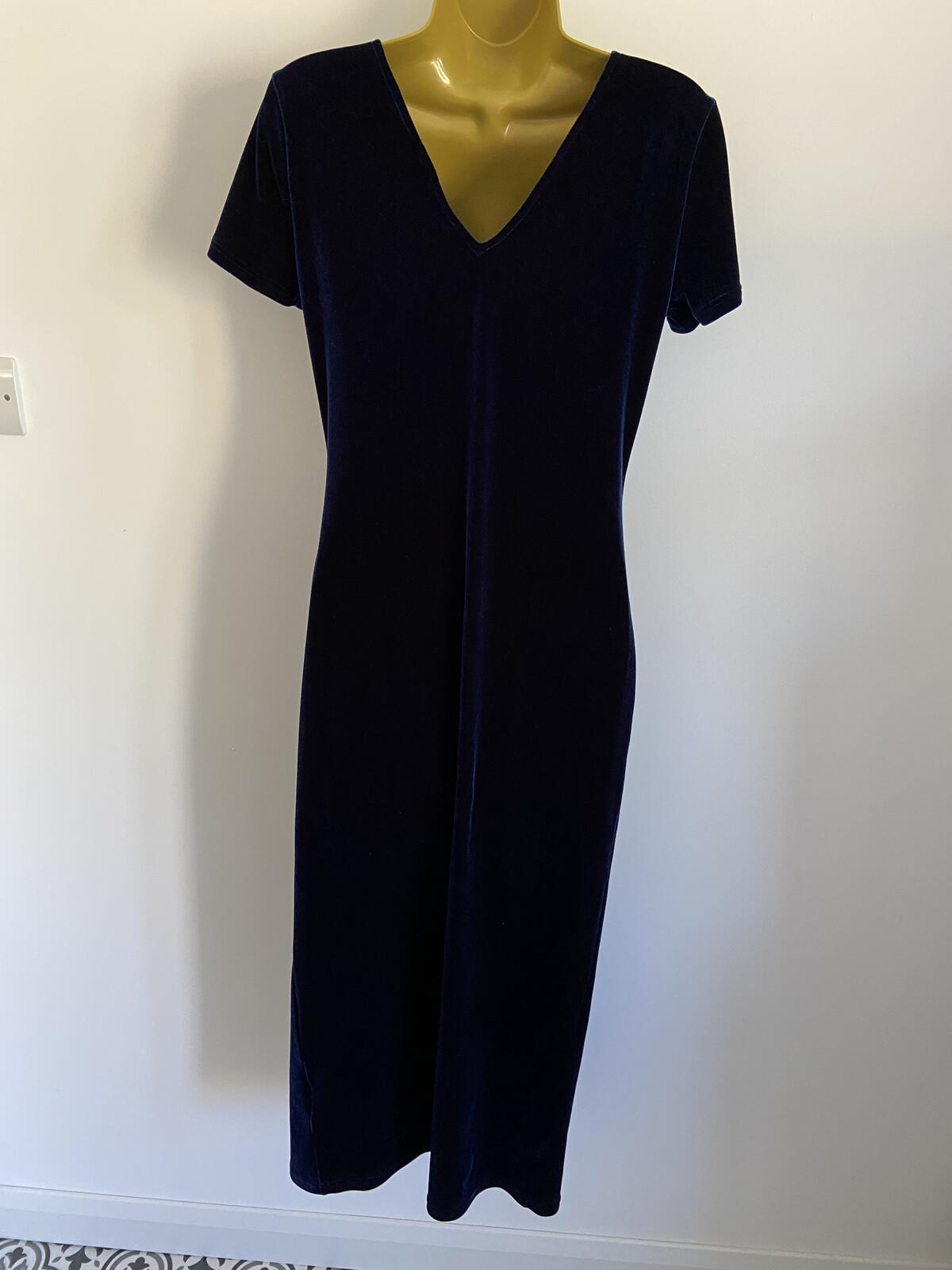 Vintage C&A Navy Blue Velvet V-Neck Maxi Dress with Front Split Size 12
