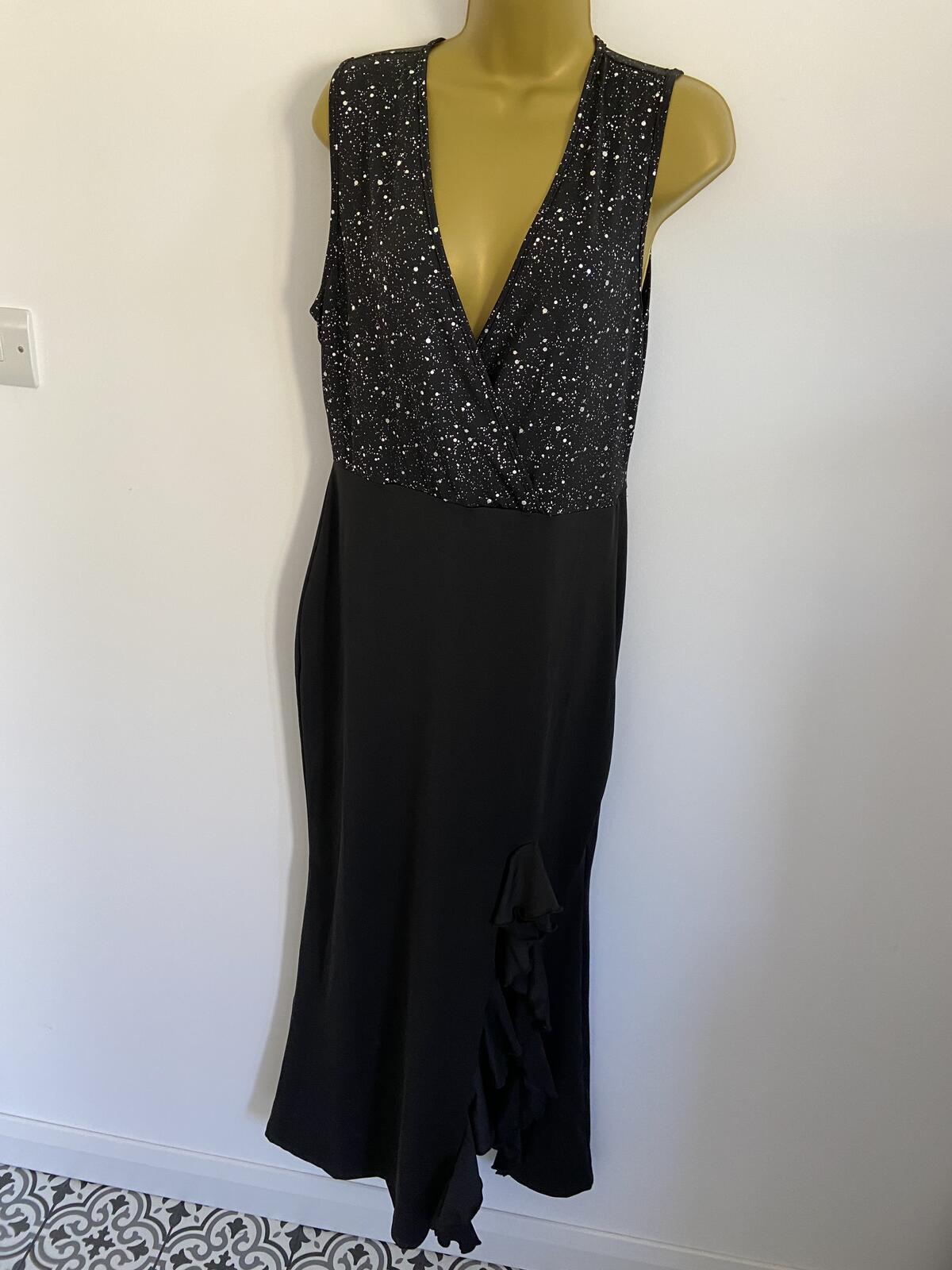 Shein Black & Silver Shimmer Wrap Front Maxi Dress Ruffle Detail Size Large