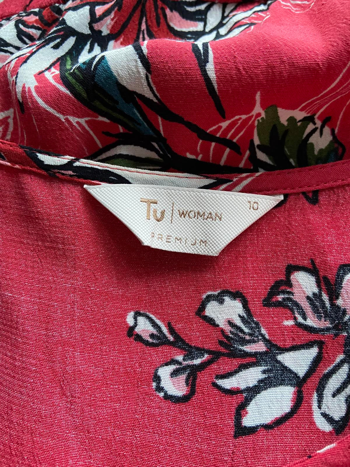 Tu Size 10 Red Floral Short Sleeve Blouse Tie Front Hem 100% Viscose Top
