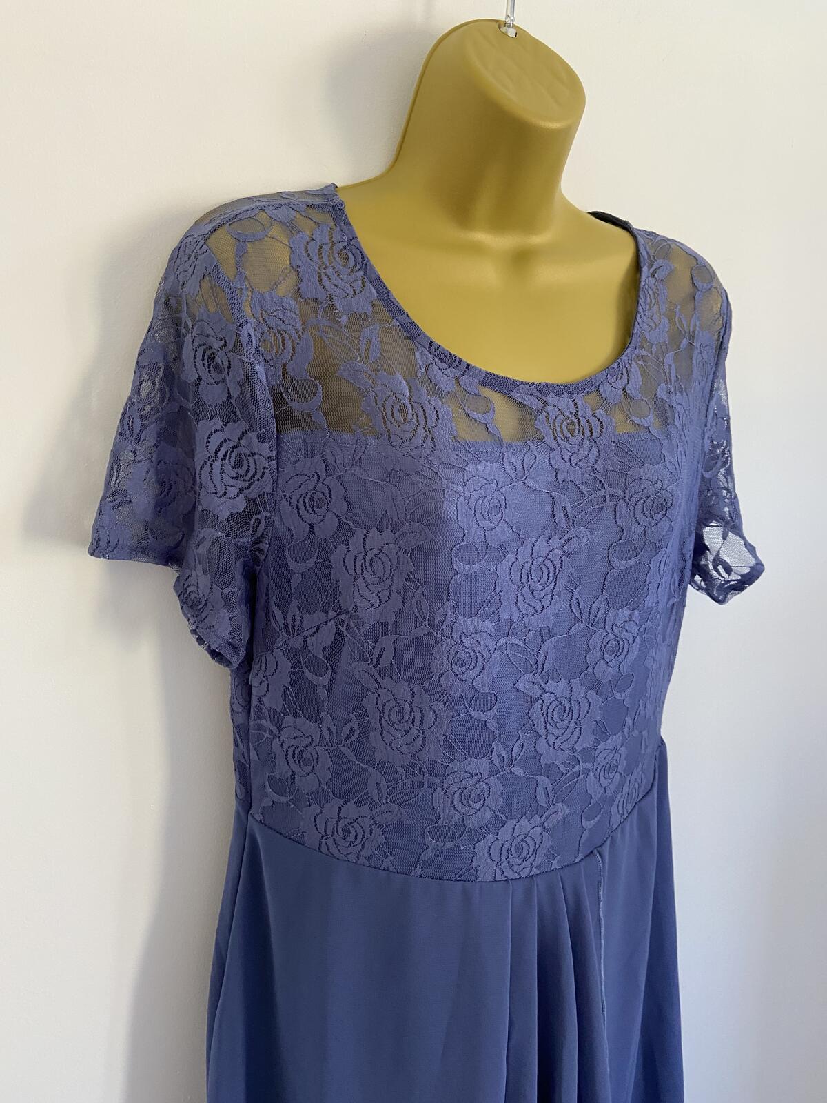 Blue Short Sleeve Lace Bodice Midi Dress Side Zip Size Medium