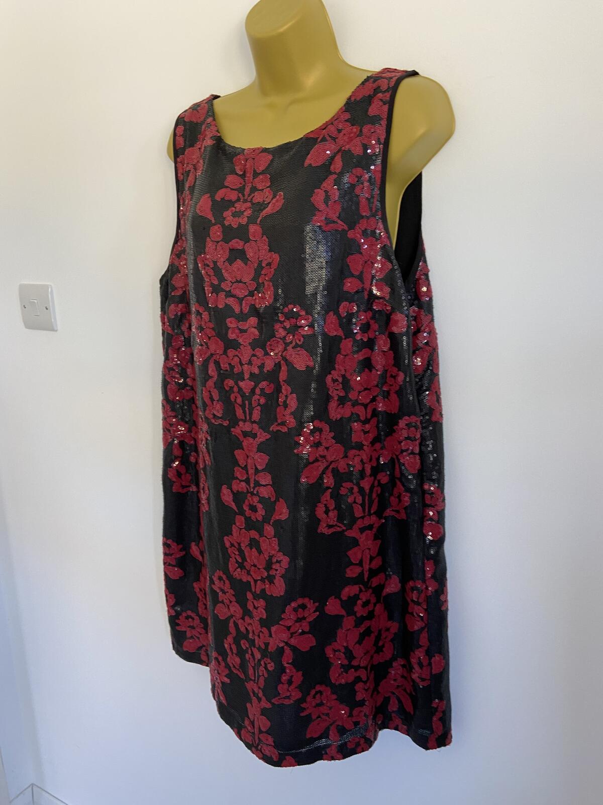 Next Women’s Black & Red Sequin Sleeveless Shift Dress Size 18