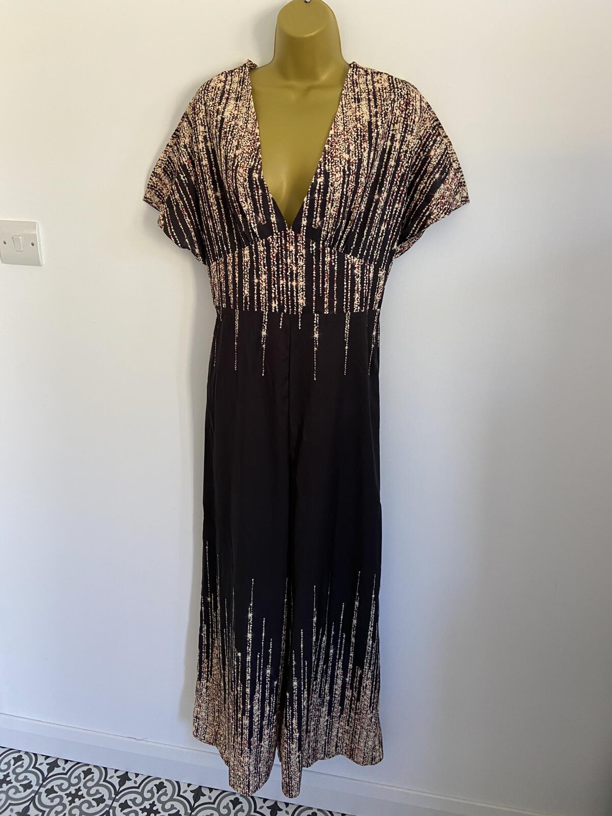 Shein Black Shimmer Print V-Neck Jumpsuit Elasticated Waist Size Large