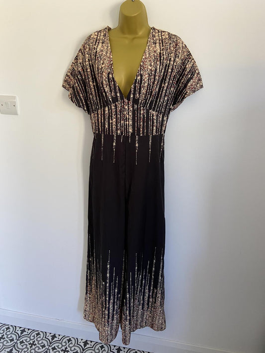 Shein Black Shimmer Print V-Neck Jumpsuit Elasticated Waist Size Large