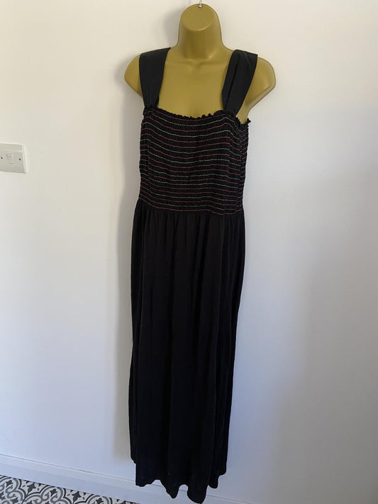 George Women’s Black Strappy Maxi Dress Pink & Green Shirred Bodice Size 12