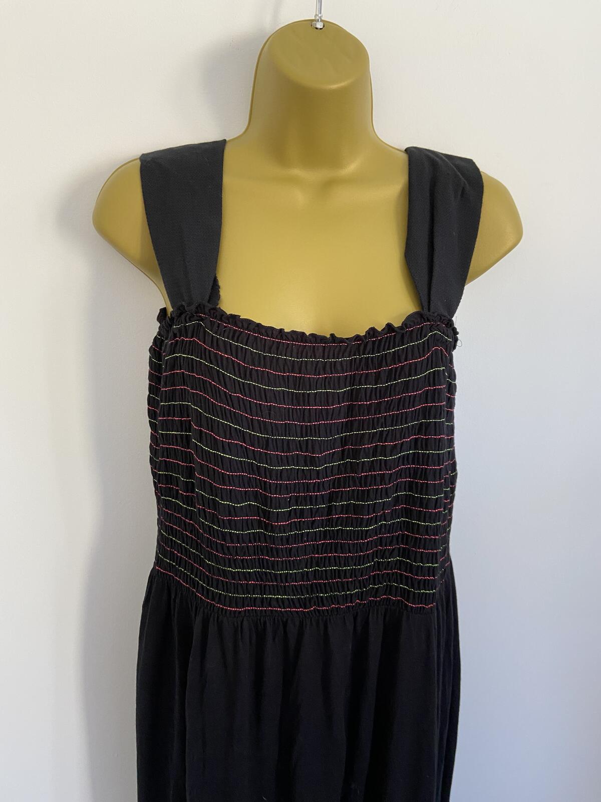 George Women’s Black Strappy Maxi Dress Pink & Green Shirred Bodice Size 12