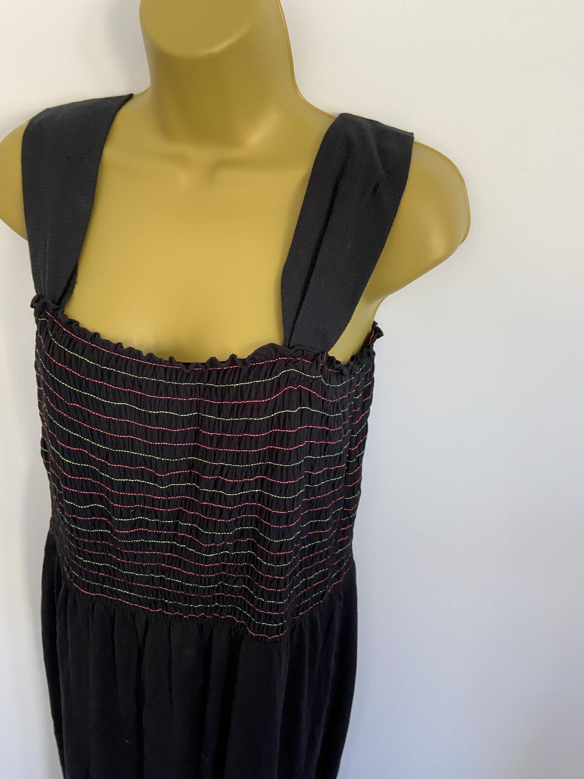 George Women’s Black Strappy Maxi Dress Pink & Green Shirred Bodice Size 12