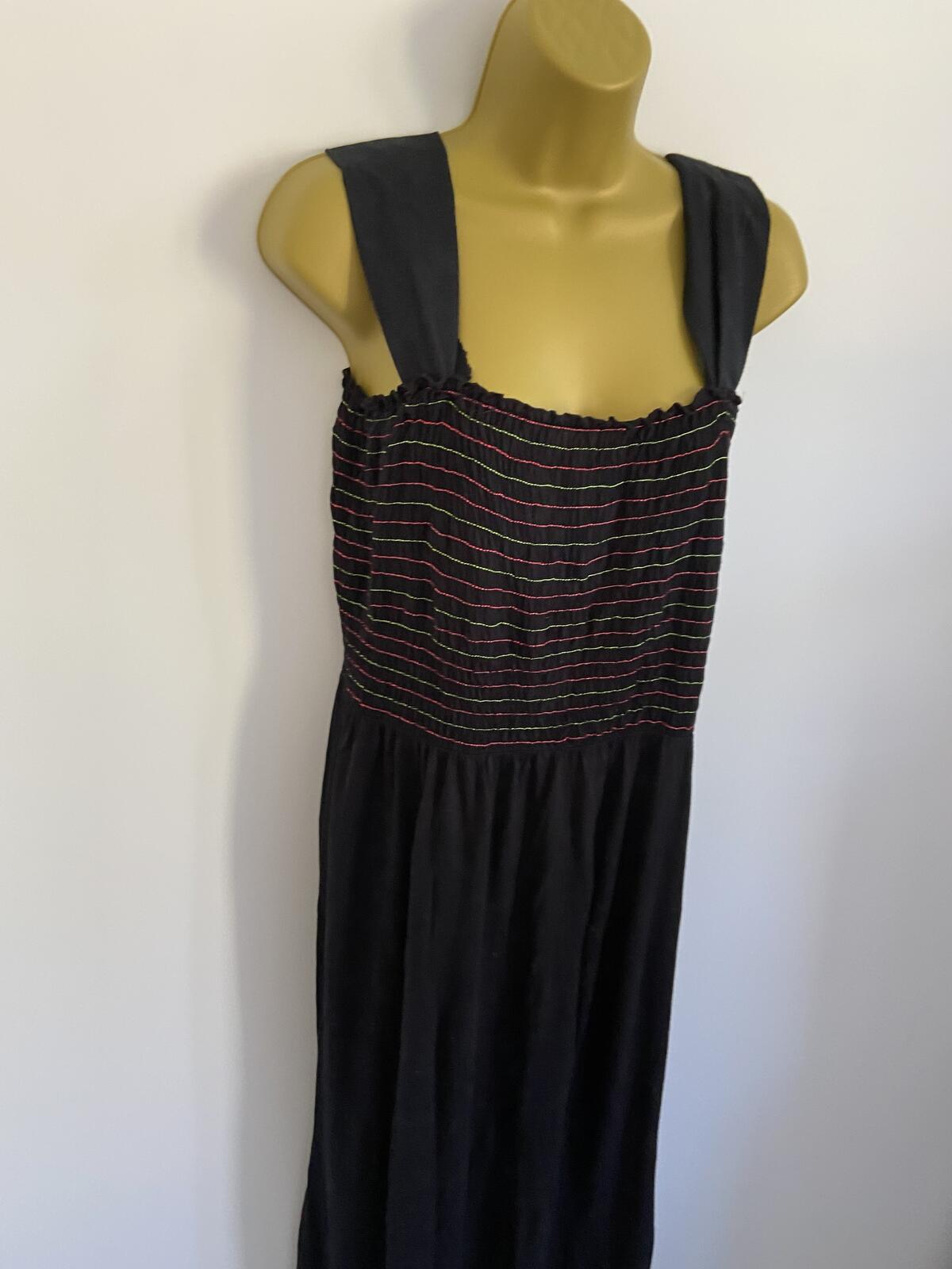 George Women’s Black Strappy Maxi Dress Pink & Green Shirred Bodice Size 12