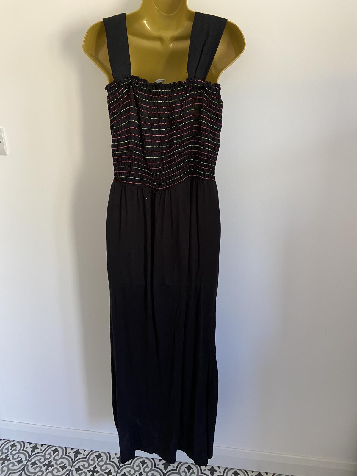 George Women’s Black Strappy Maxi Dress Pink & Green Shirred Bodice Size 12