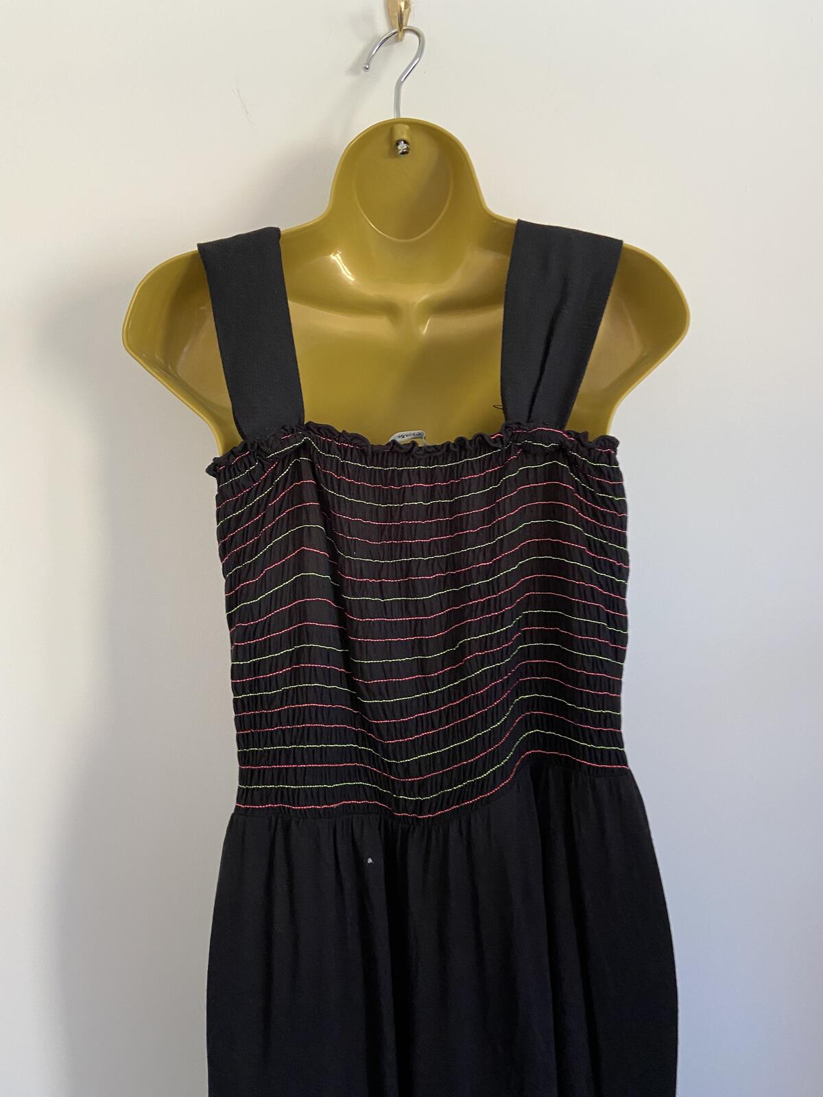 George Women’s Black Strappy Maxi Dress Pink & Green Shirred Bodice Size 12