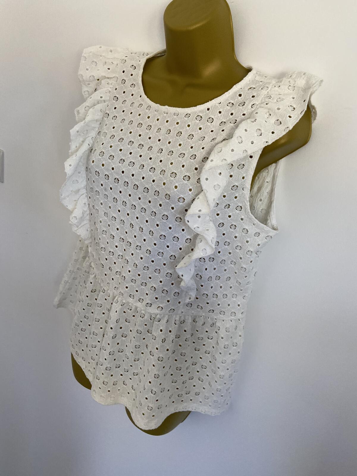 F&F Women’s White Broderie Anglaise Ruffle Sleeveless Blouse Size 14