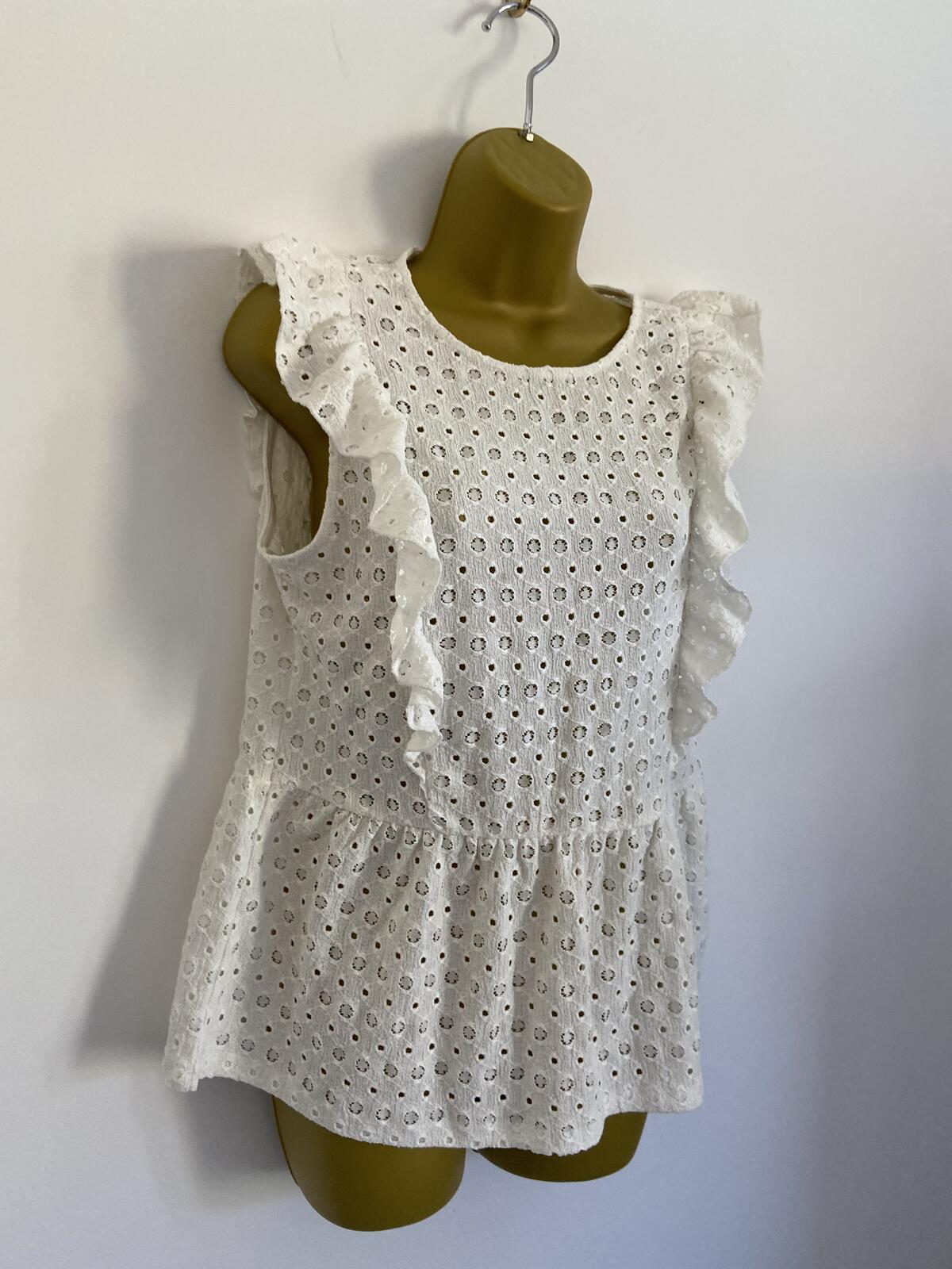 F&F Women’s White Broderie Anglaise Ruffle Sleeveless Blouse Size 14