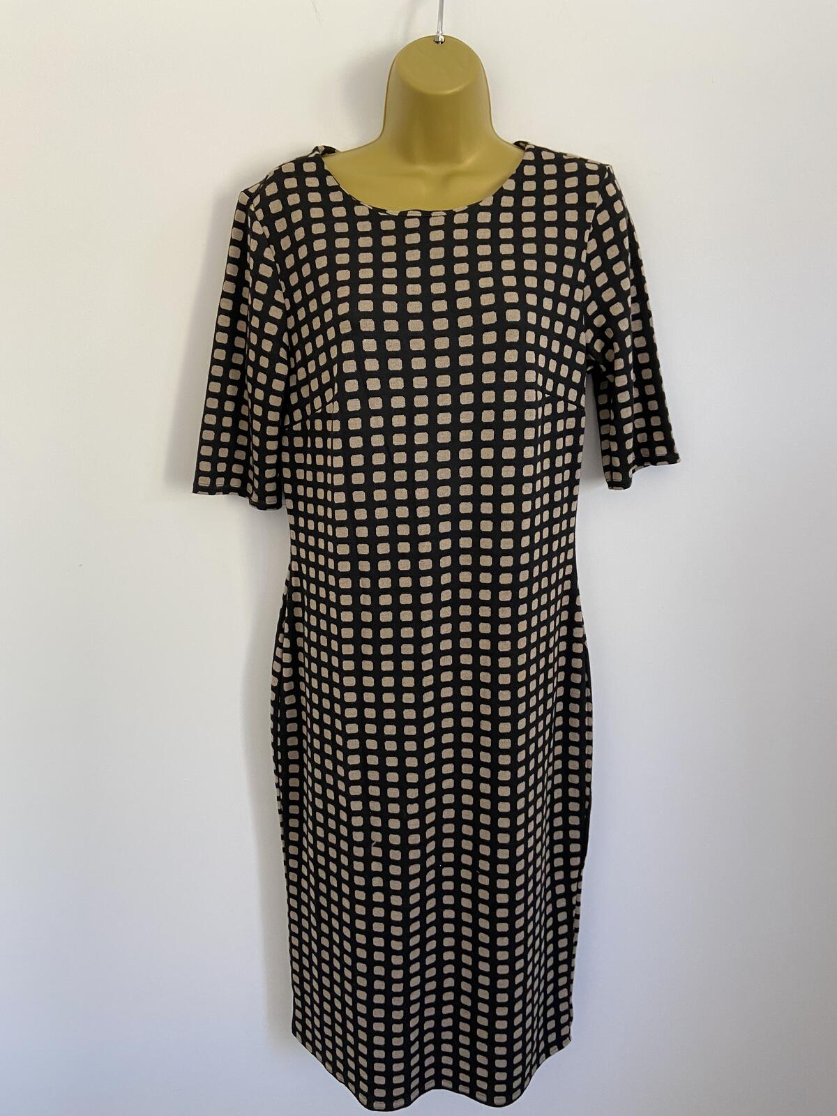 Kaleidoscope Black & Brown Square Pattern Zip-Back Shift Dress Size 10