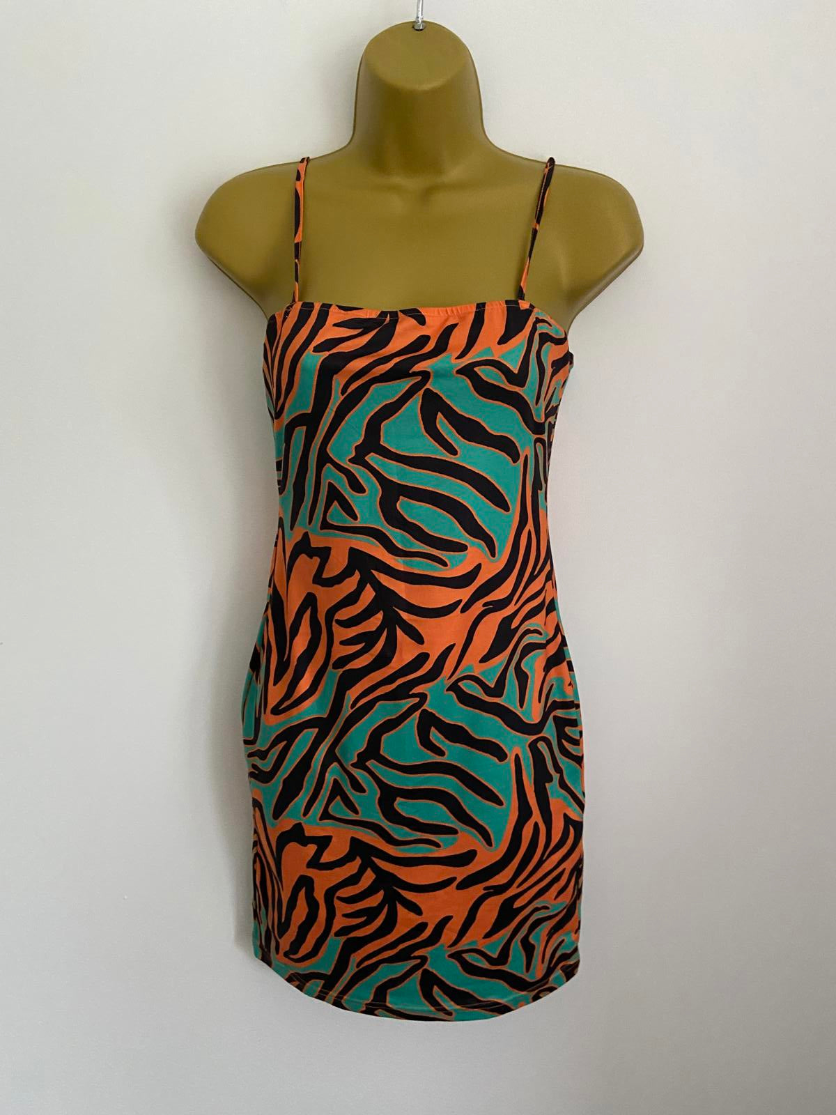 Shein Size S New Orange & Green Animal Print Mini Dress Stretchy Party Beach