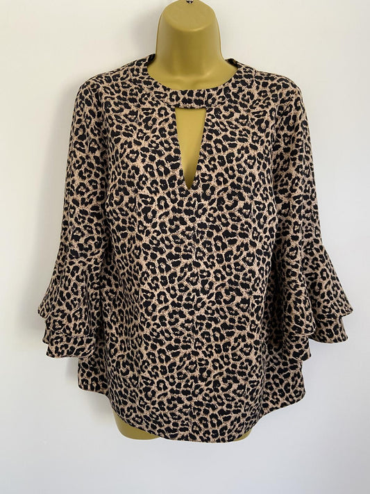 F&F Women's Leopard Print Short Floaty Sleeve Top Keyhole Back Size 14