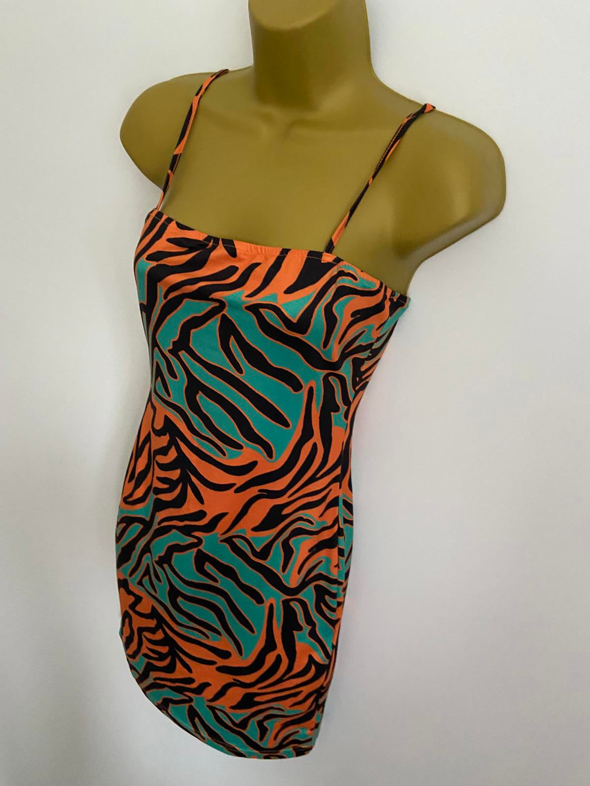 Shein Size S New Orange & Green Animal Print Mini Dress Stretchy Party Beach