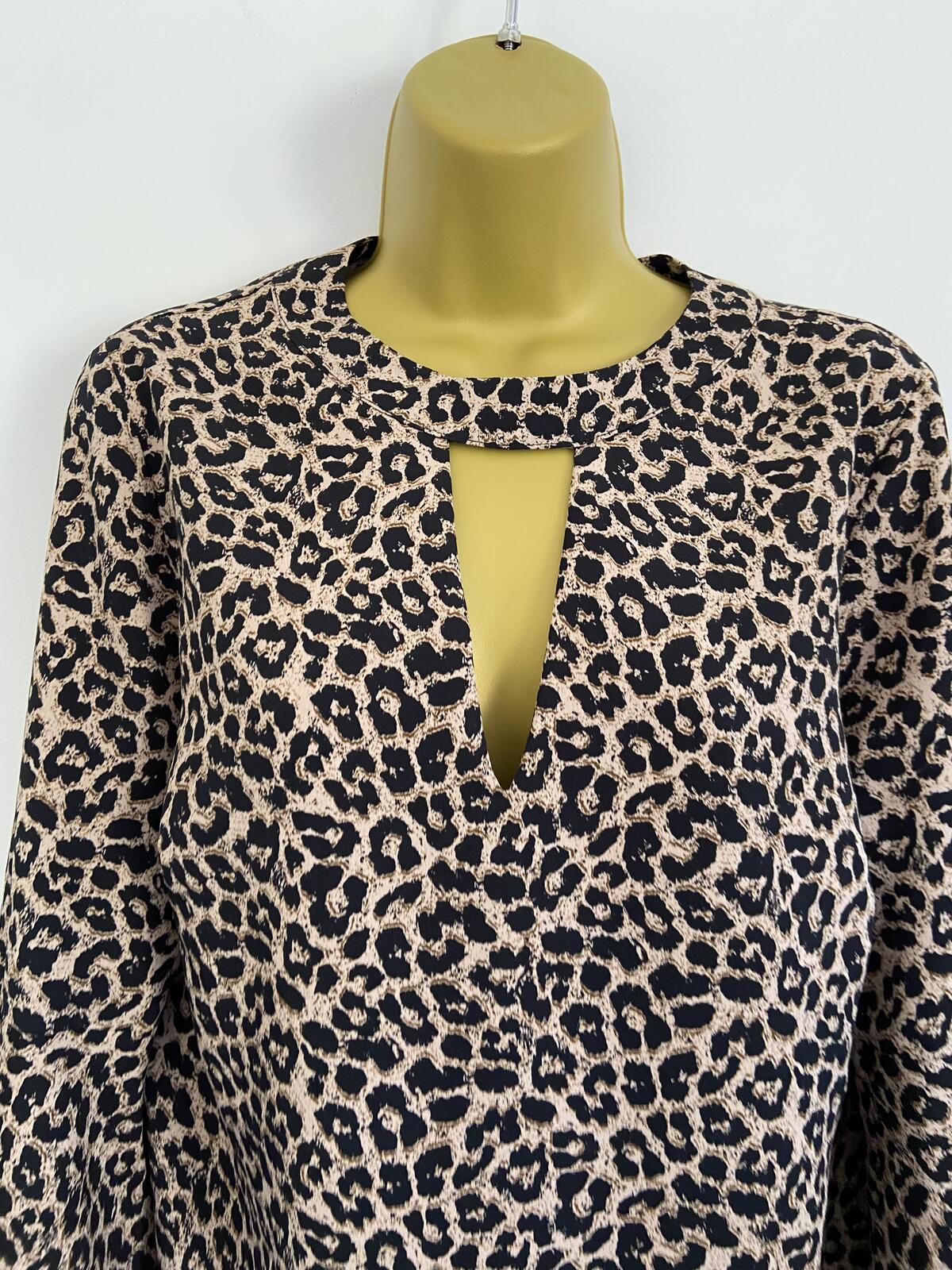 F&F Women's Leopard Print Short Floaty Sleeve Top Keyhole Back Size 14