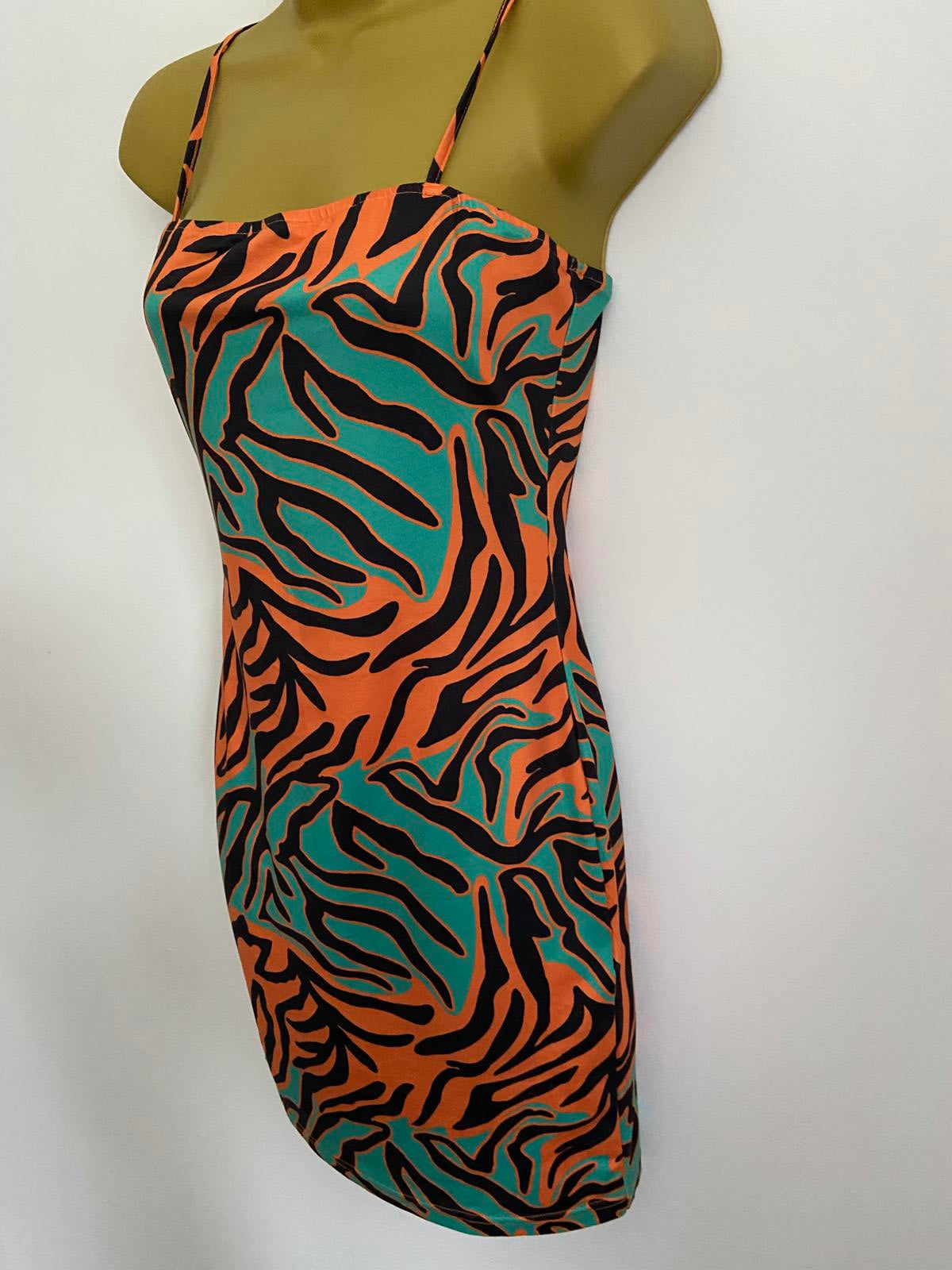 Shein Size S New Orange & Green Animal Print Mini Dress Stretchy Party Beach