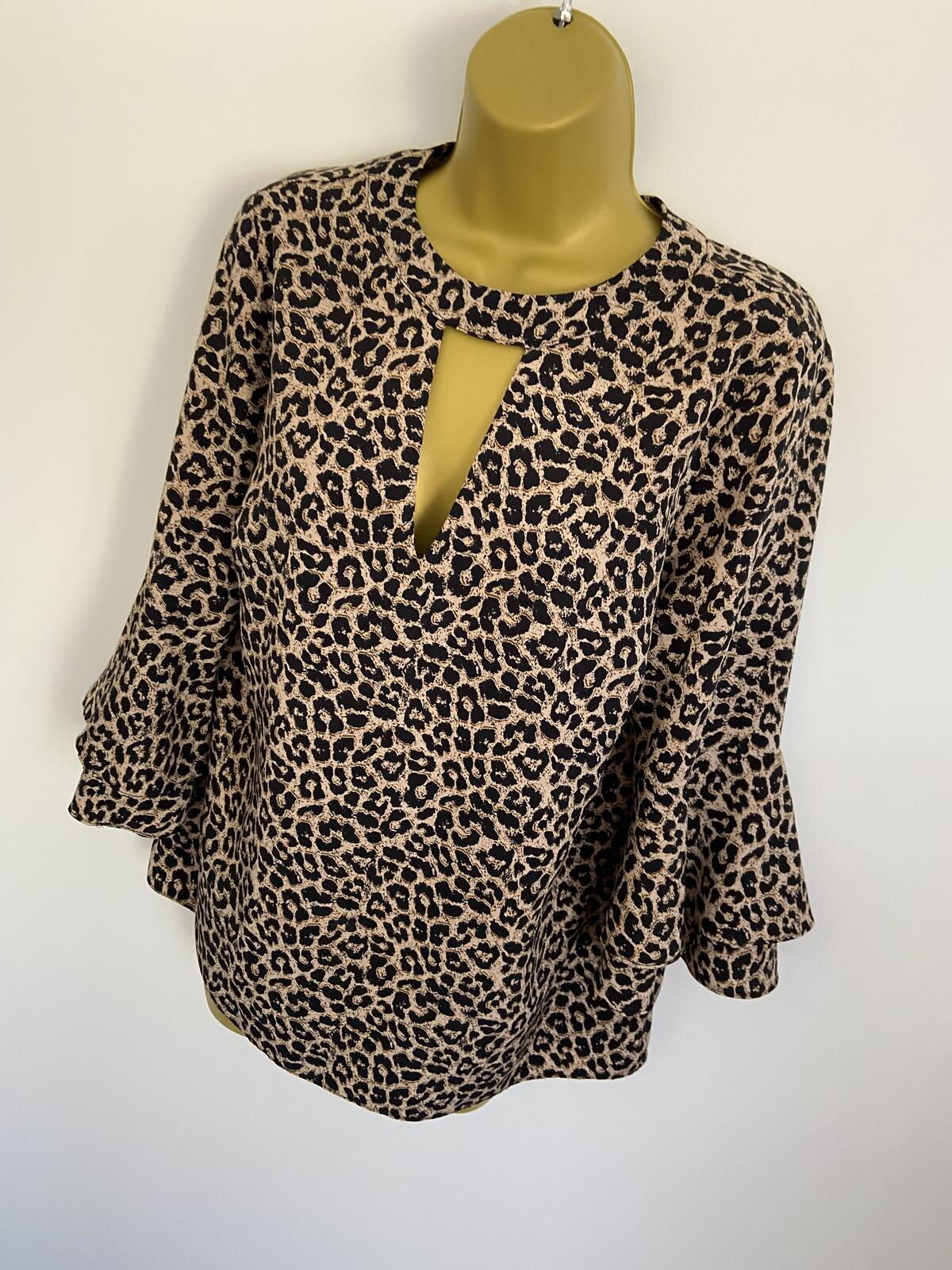 F&F Women's Leopard Print Short Floaty Sleeve Top Keyhole Back Size 14