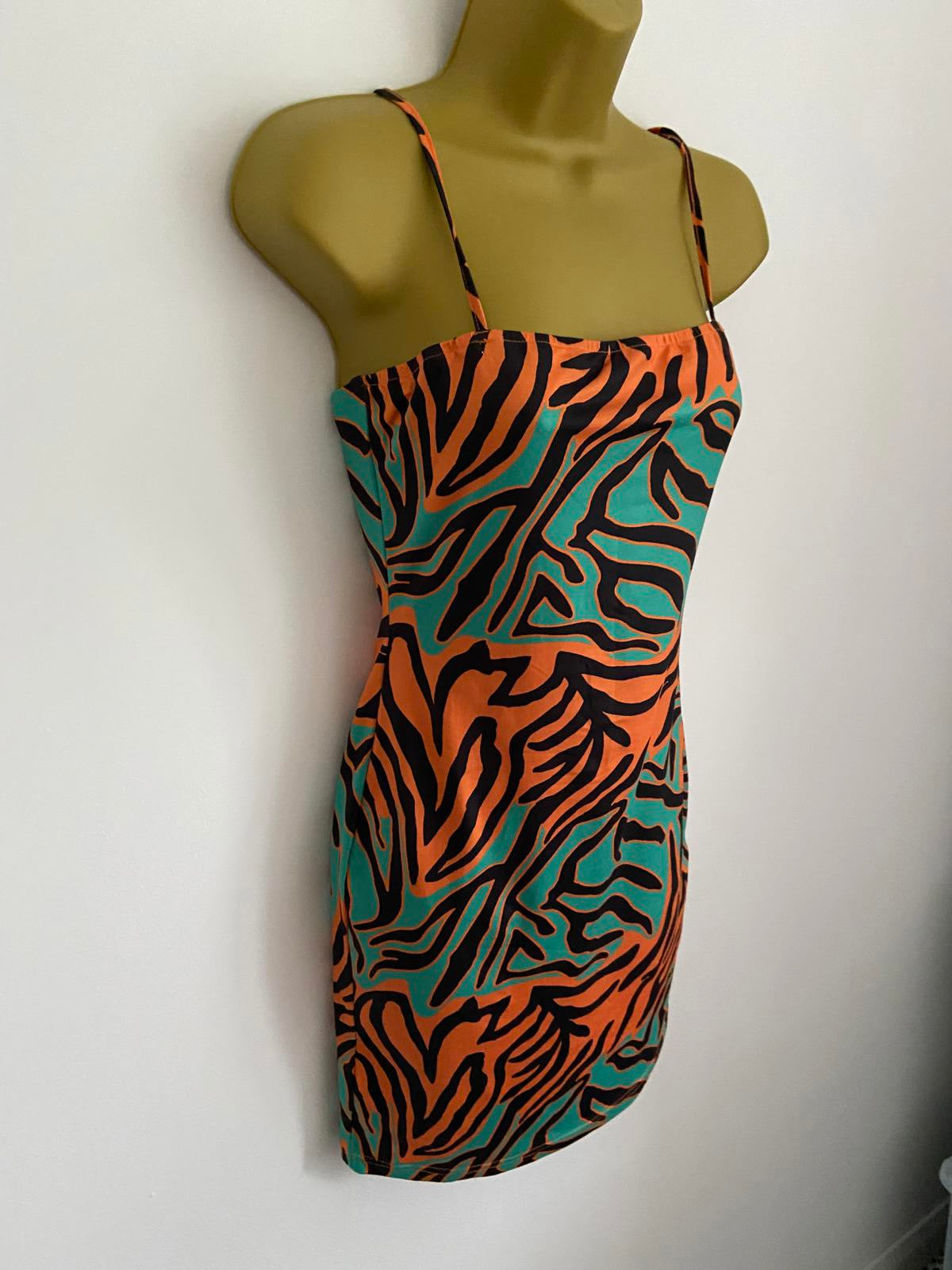 Shein Size S New Orange & Green Animal Print Mini Dress Stretchy Party Beach