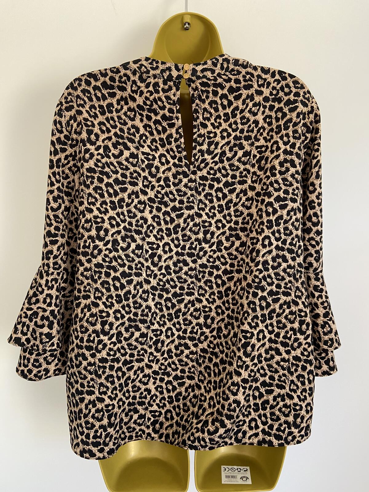 F&F Women's Leopard Print Short Floaty Sleeve Top Keyhole Back Size 14
