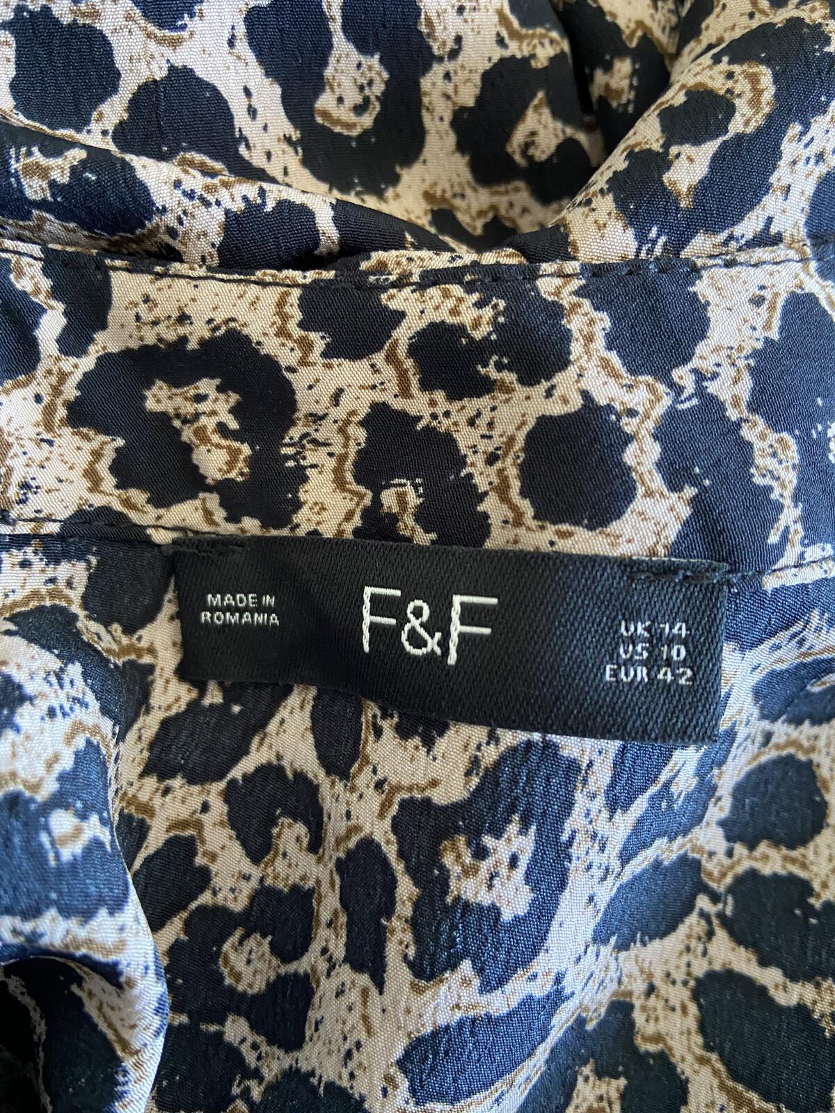 F&F Women's Leopard Print Short Floaty Sleeve Top Keyhole Back Size 14