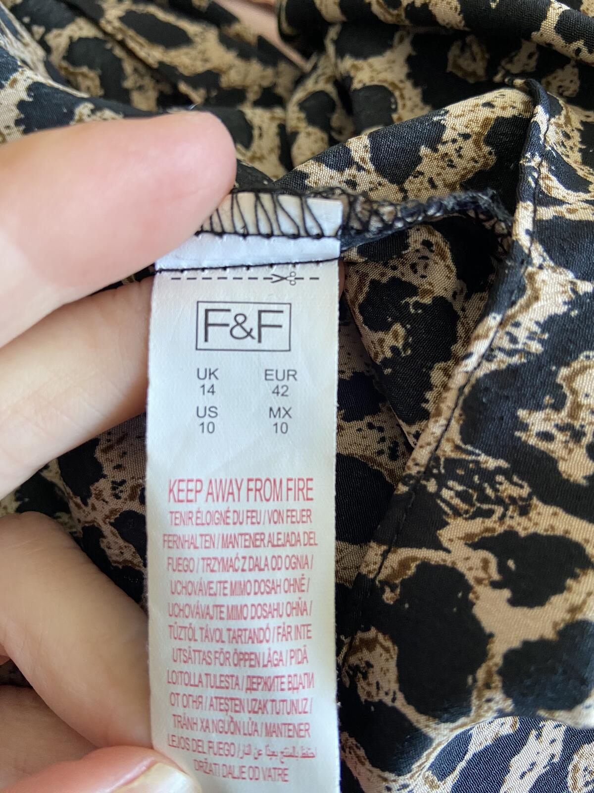 F&F Women's Leopard Print Short Floaty Sleeve Top Keyhole Back Size 14