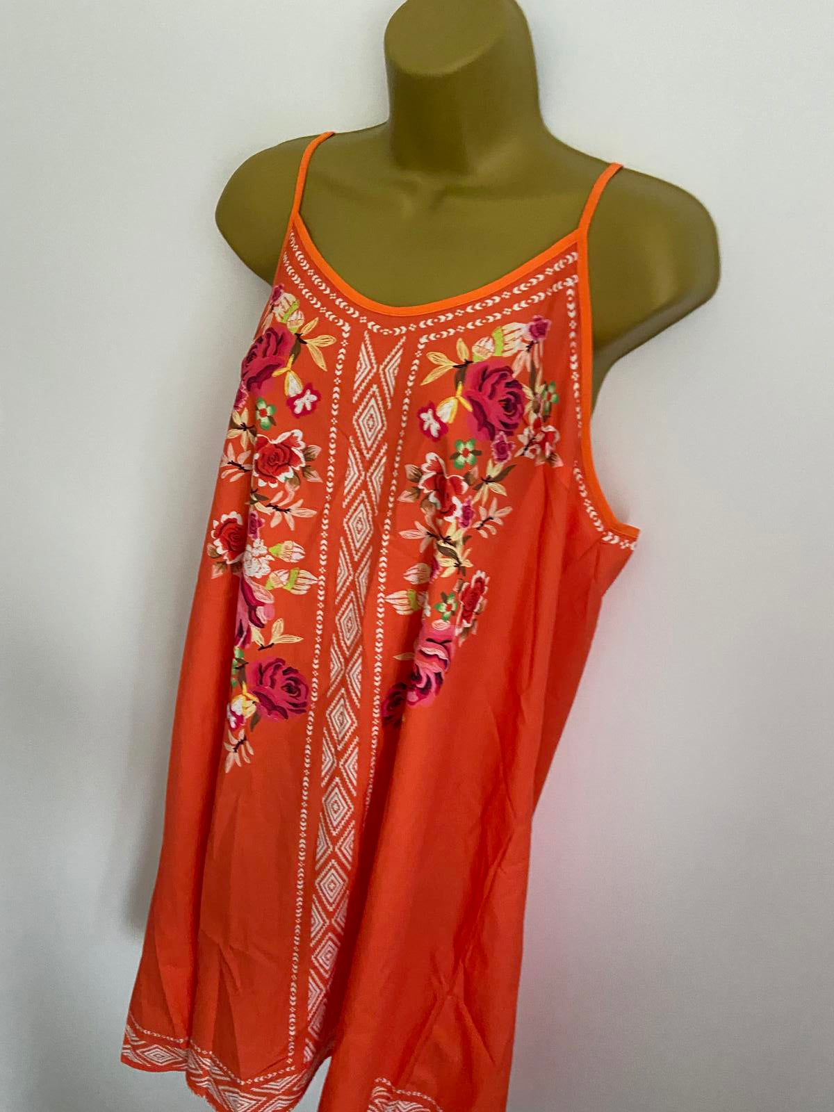 Shein Curve Size XL Orange Boho Floral Pattern Strappy Mini Dress Summer Holiday
