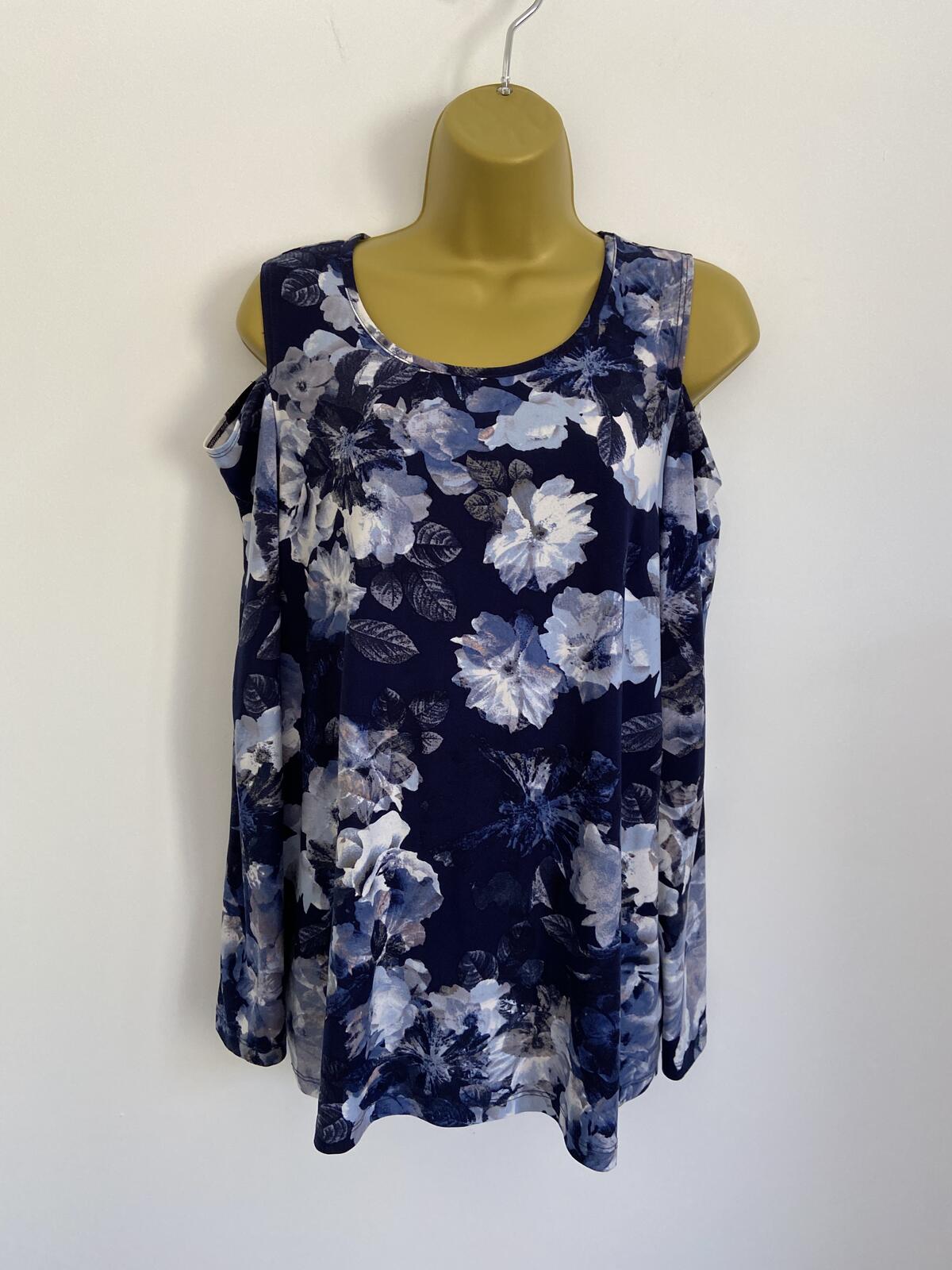 Kim & Co Navy Blue Floral Cold Shoulder Long Sleeve Top Size Large