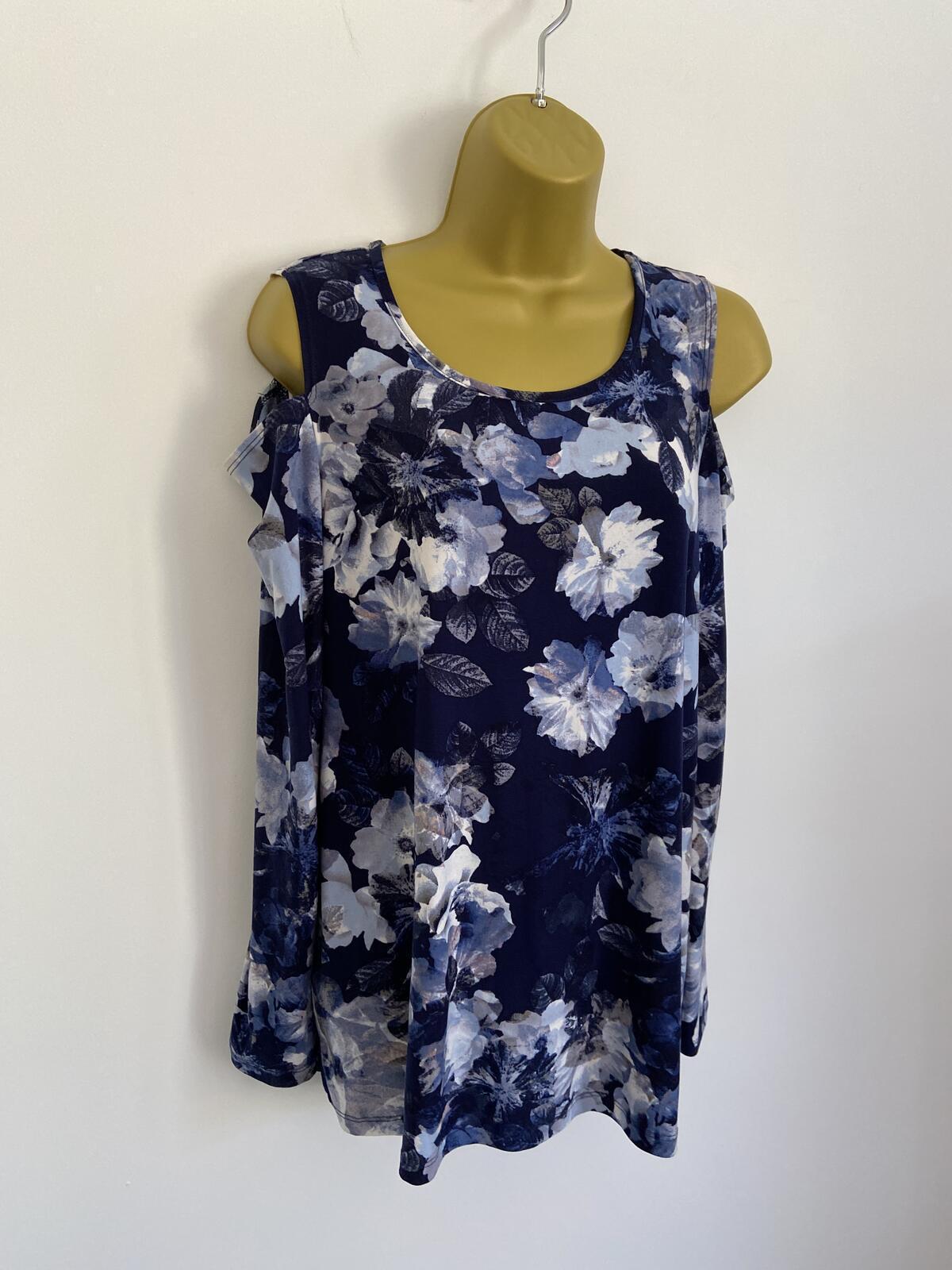 Kim & Co Navy Blue Floral Cold Shoulder Long Sleeve Top Size Large