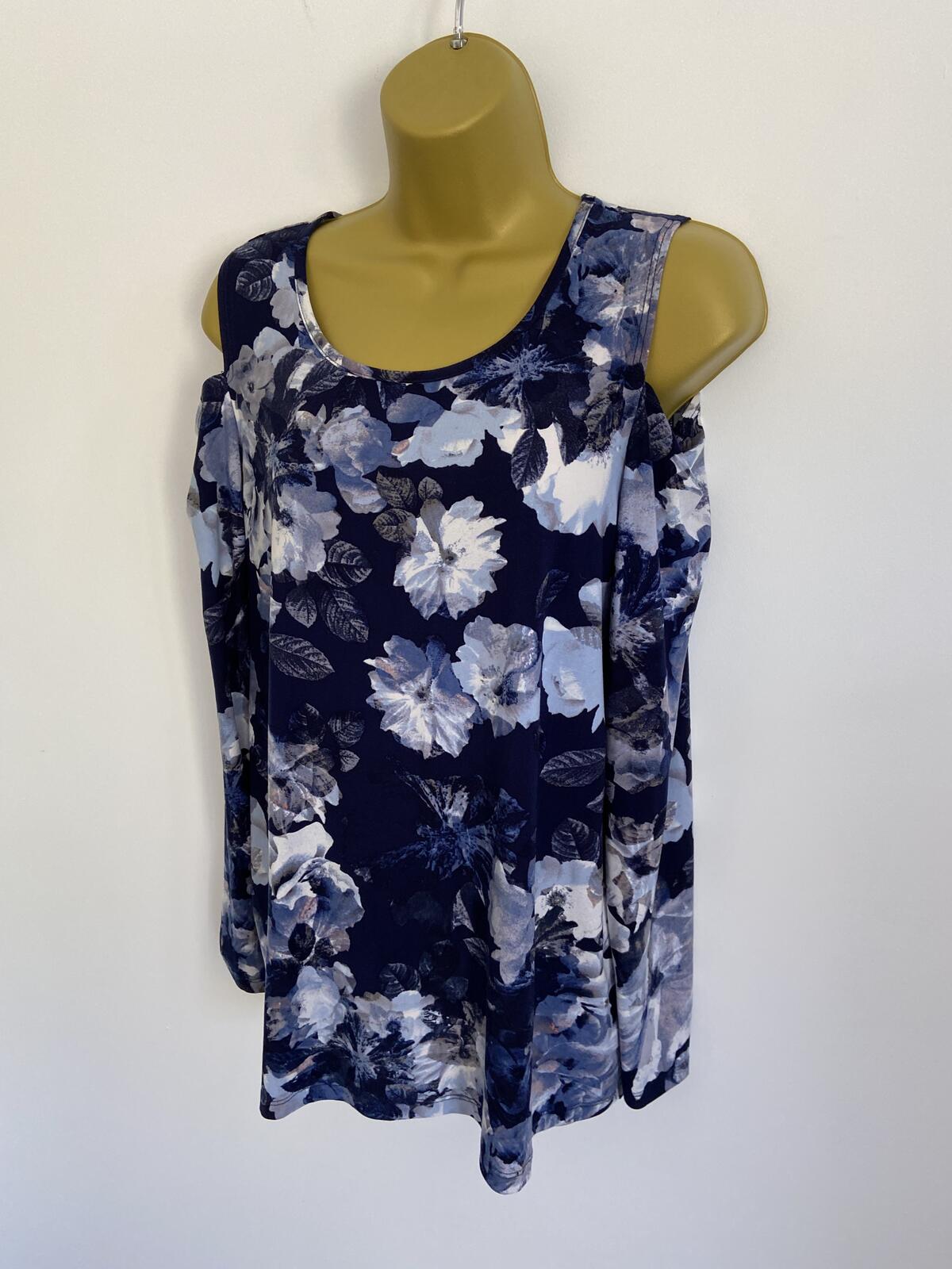 Kim & Co Navy Blue Floral Cold Shoulder Long Sleeve Top Size Large