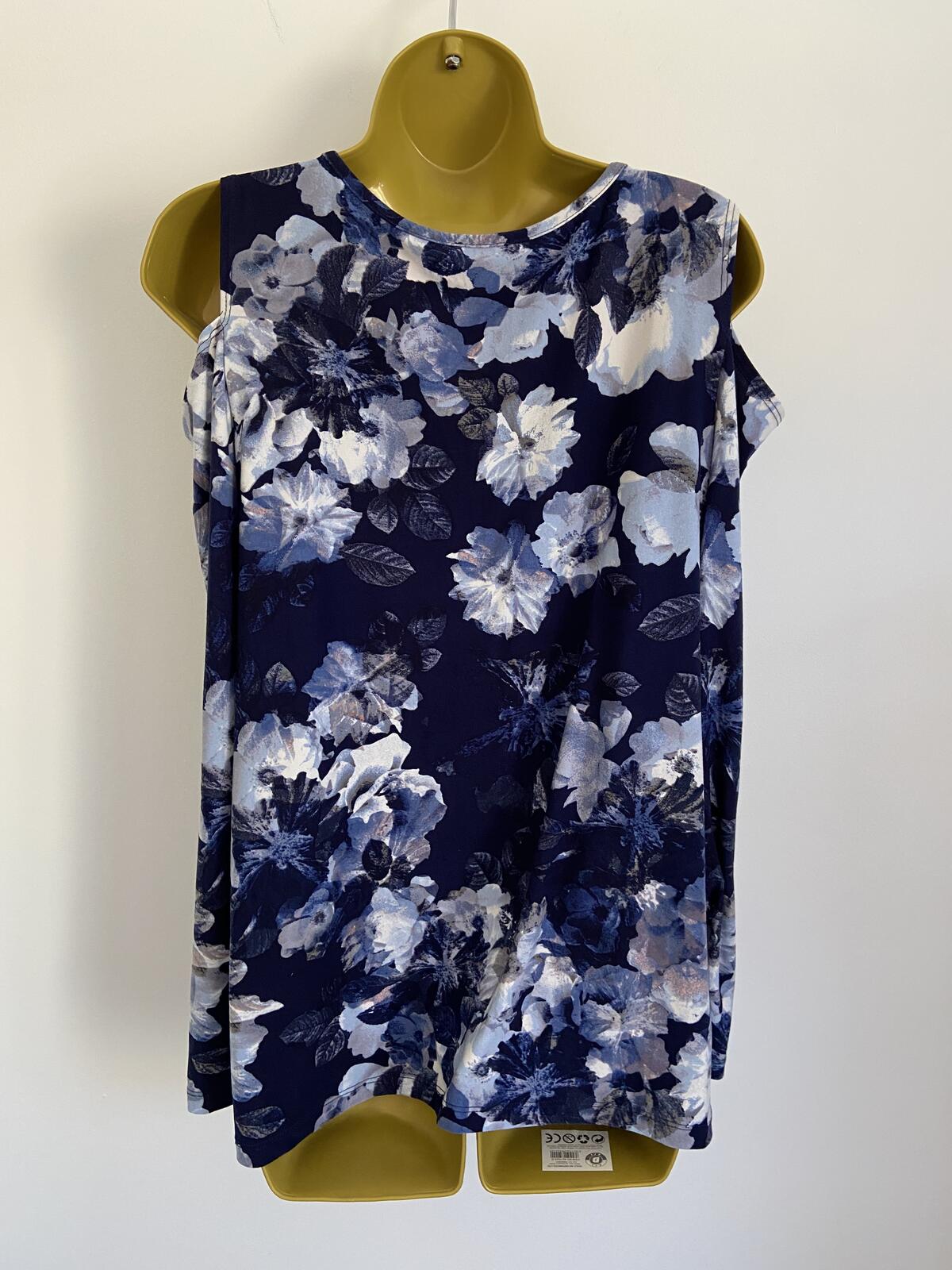 Kim & Co Navy Blue Floral Cold Shoulder Long Sleeve Top Size Large