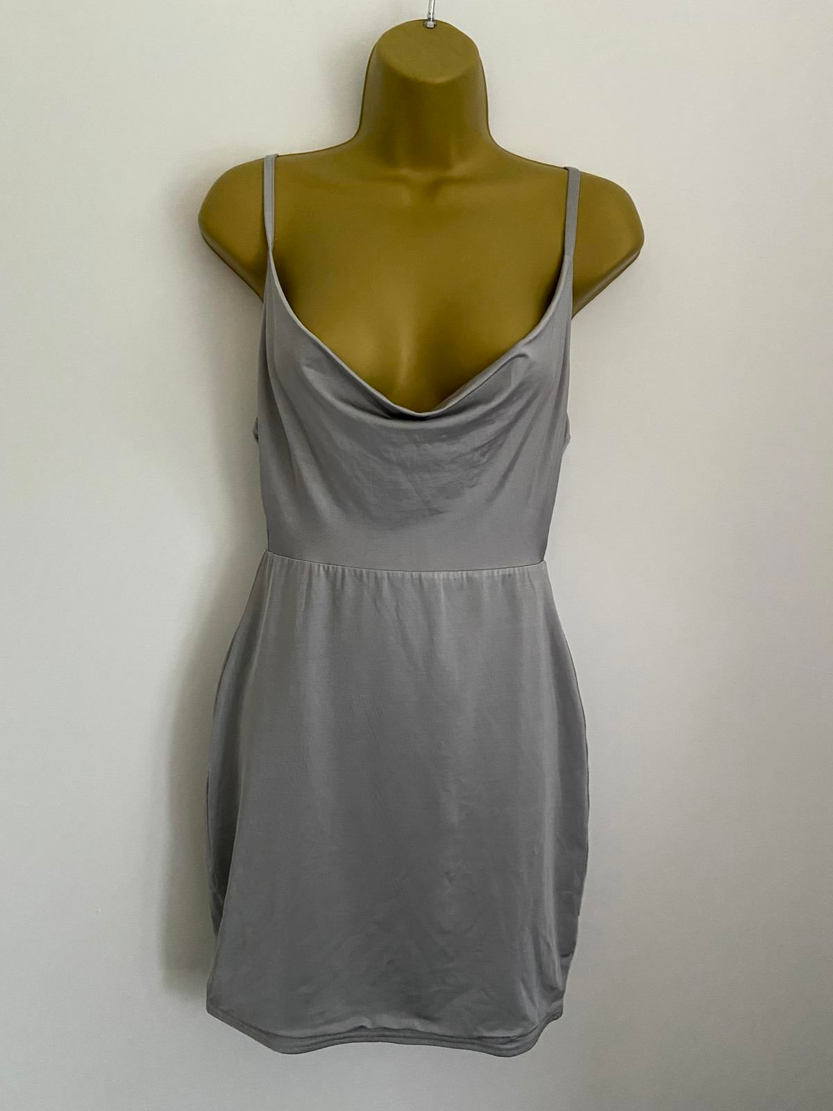 Boohoo Size 10 Silver Shiny Cowl Neck Mini Dress Strappy Party Occasion