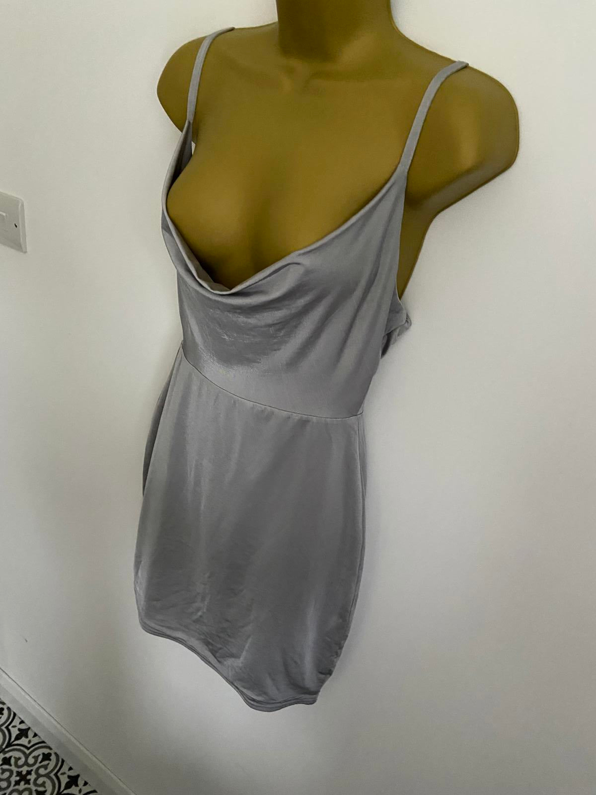 Boohoo Size 10 Silver Shiny Cowl Neck Mini Dress Strappy Party Occasion