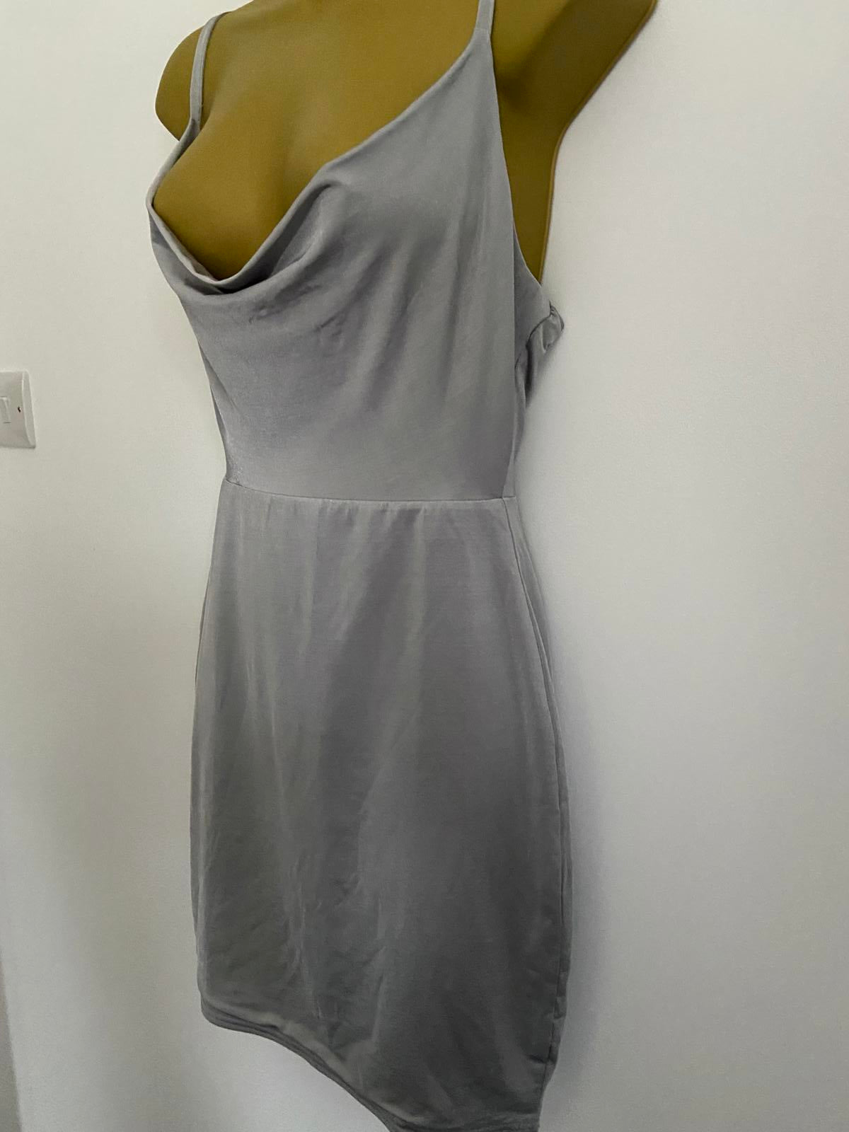 Boohoo Size 10 Silver Shiny Cowl Neck Mini Dress Strappy Party Occasion