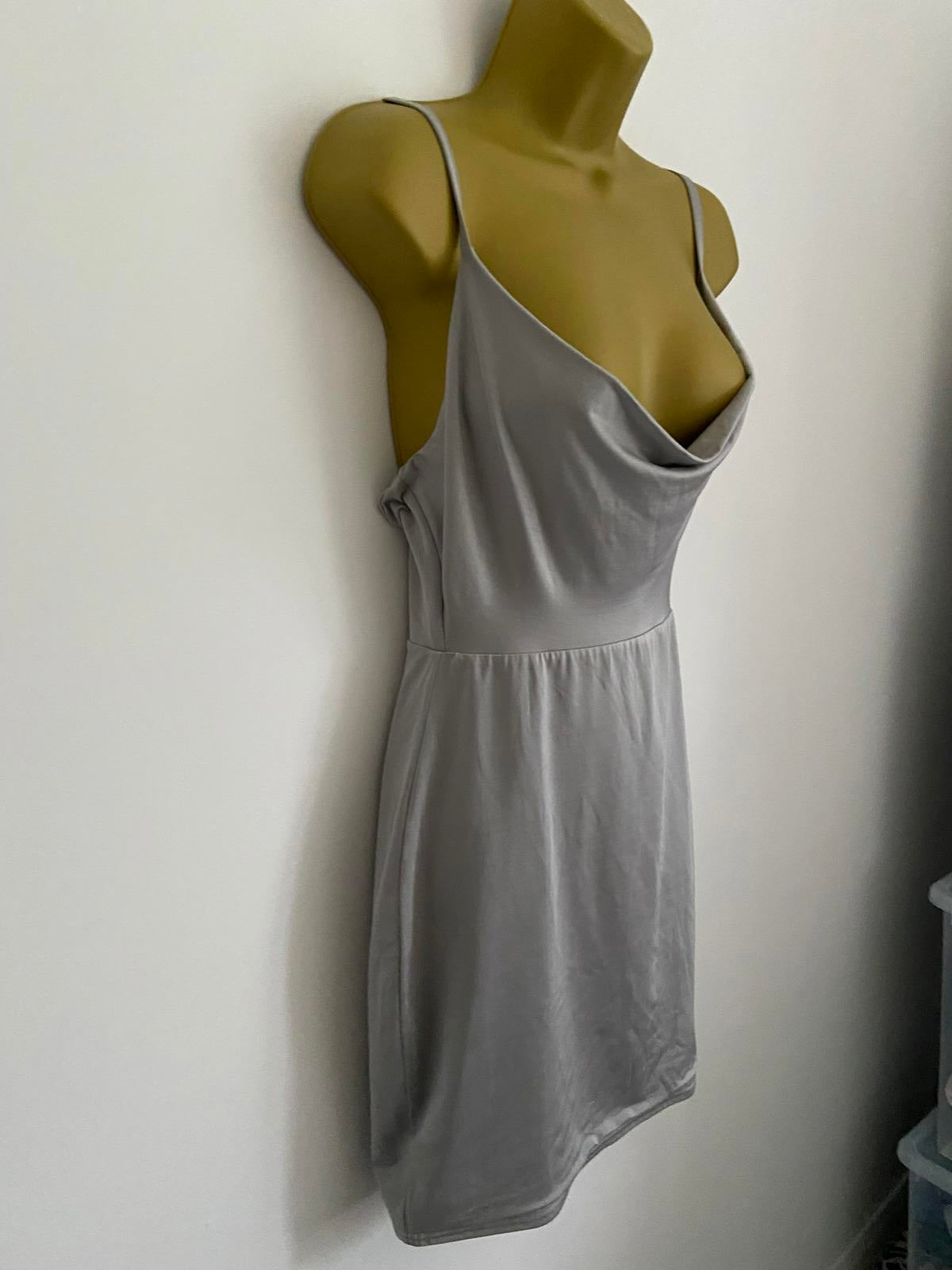 Boohoo Size 10 Silver Shiny Cowl Neck Mini Dress Strappy Party Occasion