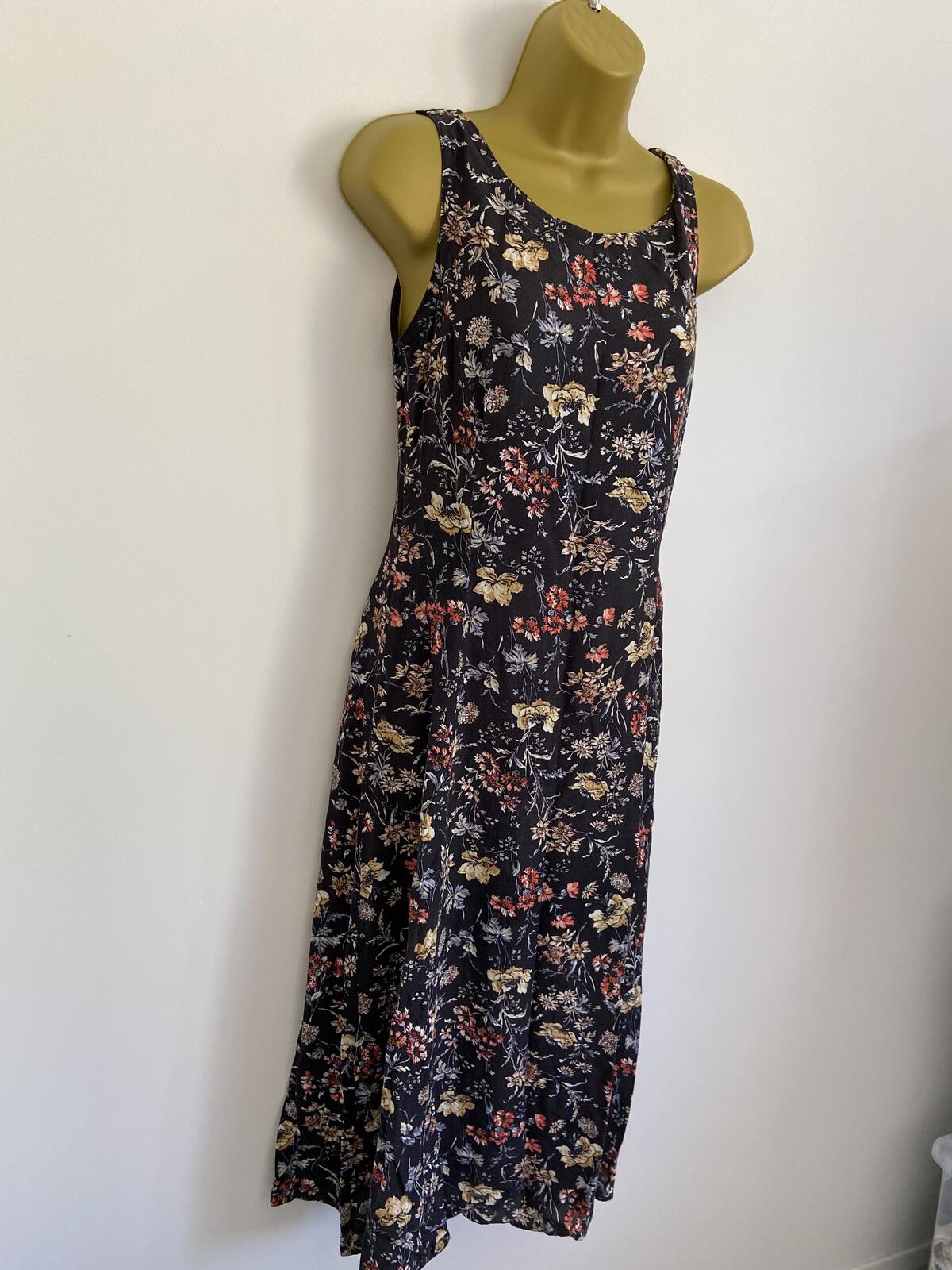 Handmade Black Floral Print Sleeveless Midi Dress Approx Size 8