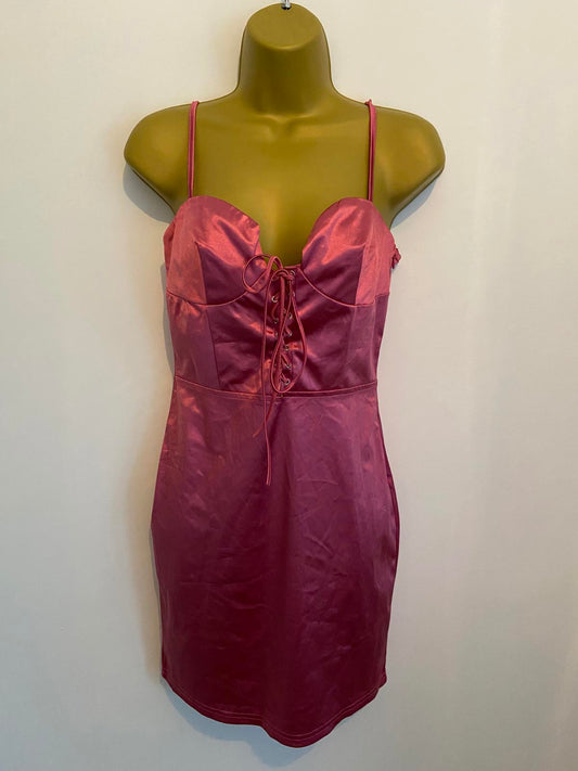 Prettylittlething Size 10 Rose Pink Satin Lace Up Bodycon Mini Dress BNWT Party
