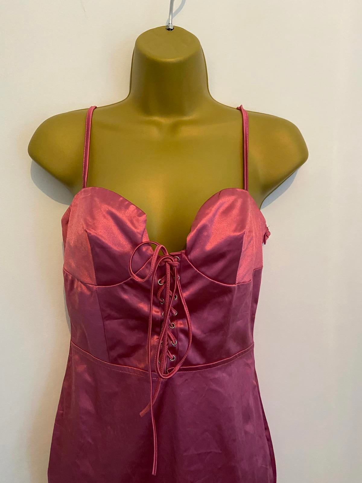 Prettylittlething Size 10 Rose Pink Satin Lace Up Bodycon Mini Dress BNWT Party