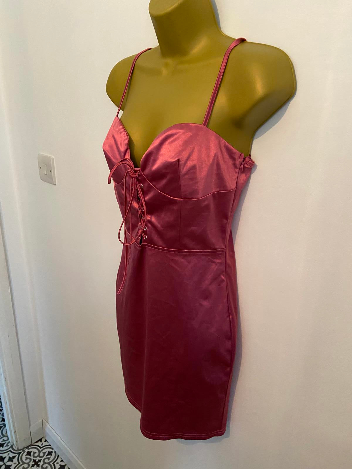 Prettylittlething Size 10 Rose Pink Satin Lace Up Bodycon Mini Dress BNWT Party