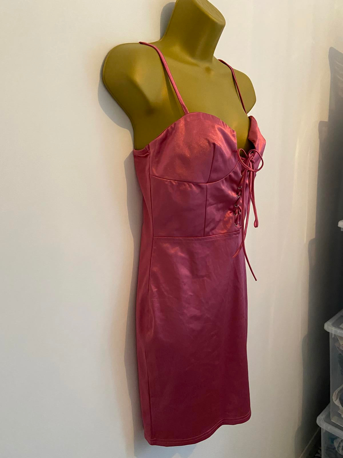 Prettylittlething Size 10 Rose Pink Satin Lace Up Bodycon Mini Dress BNWT Party